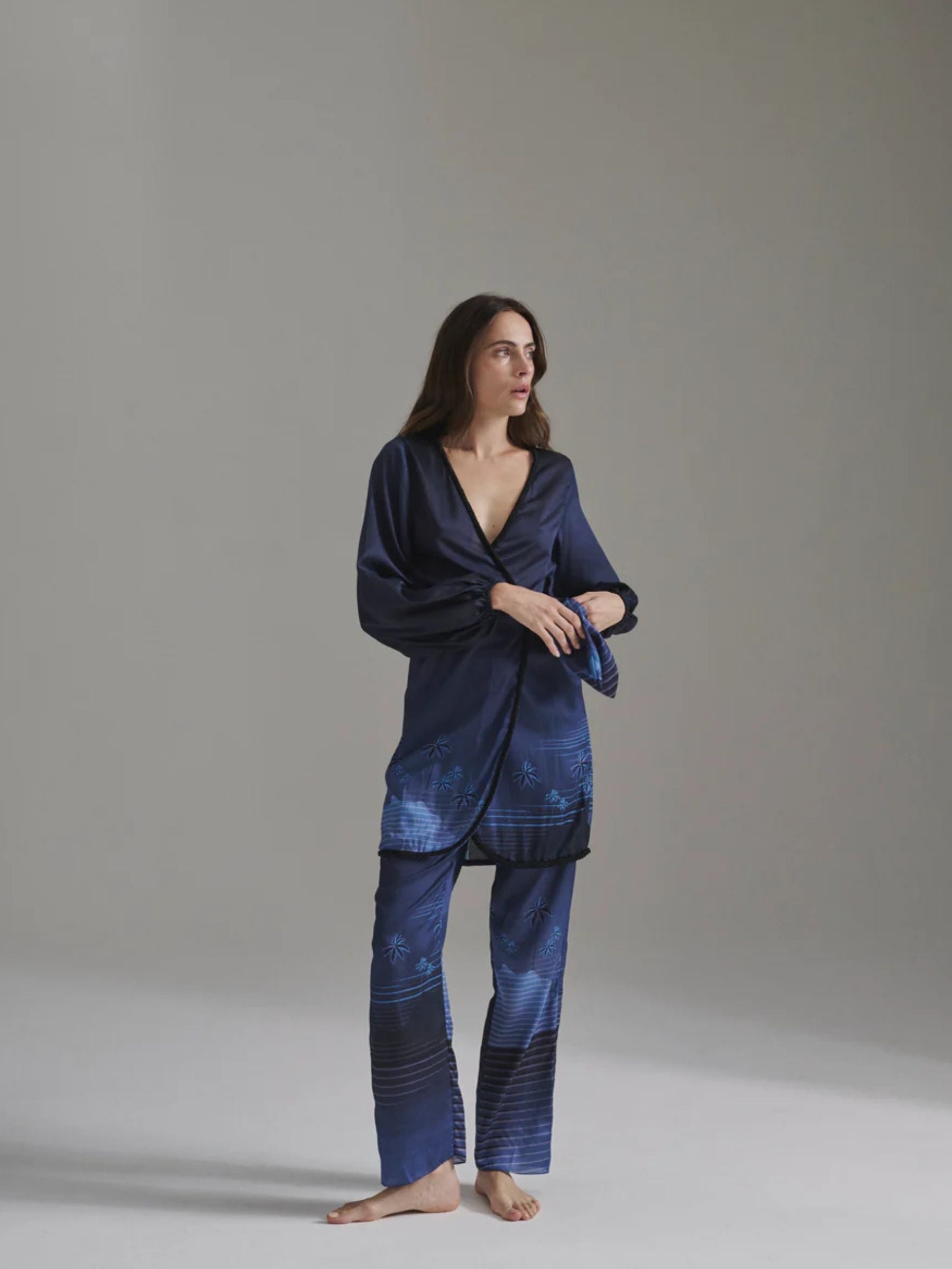 juan-de-dios-Hojarasca-Martellato-Silk-Mini-Dress-Navy-Tropical-Landscape