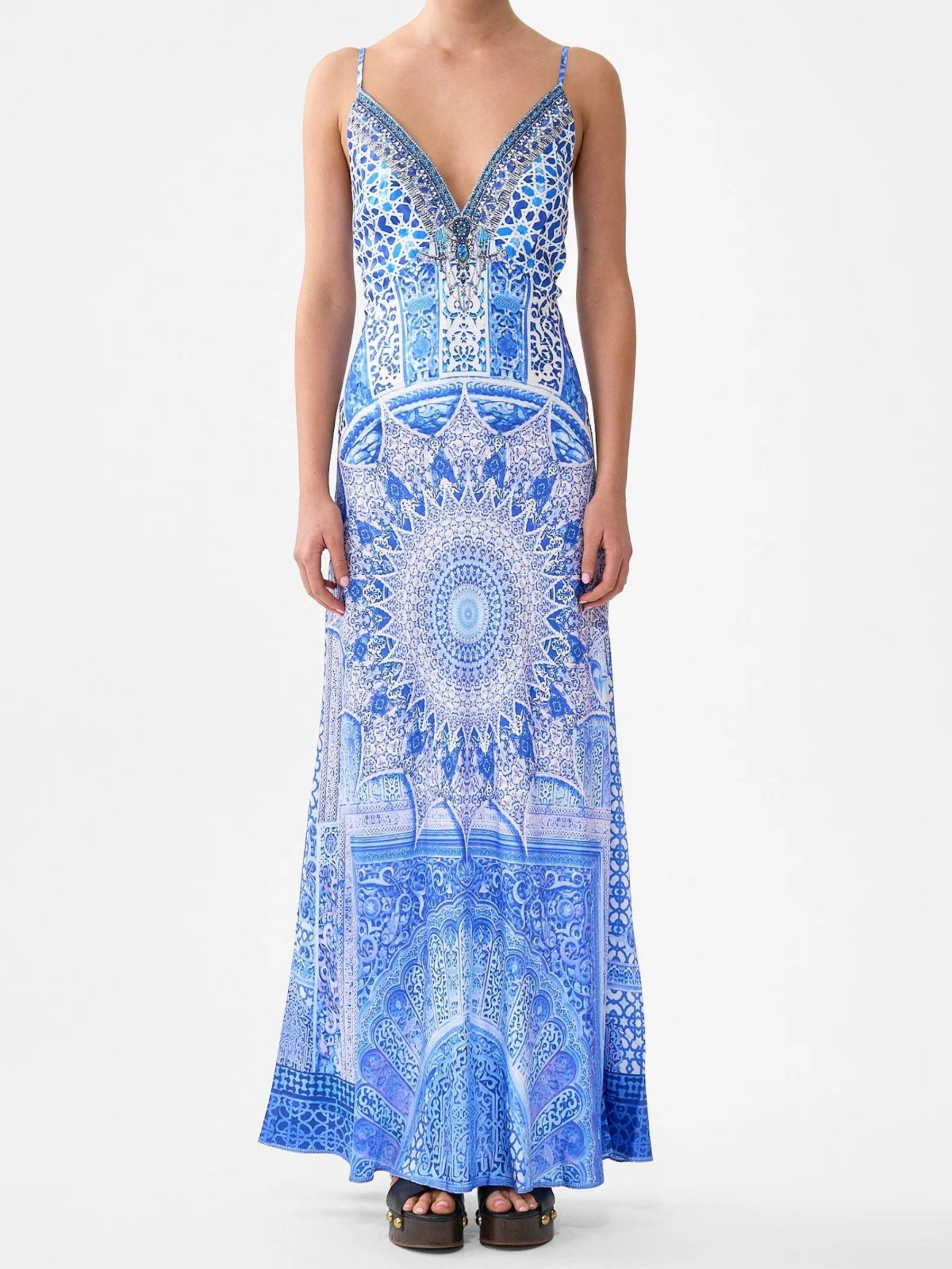 V Neck Long Bias Slip Dress w/ Train - The Bosphorous