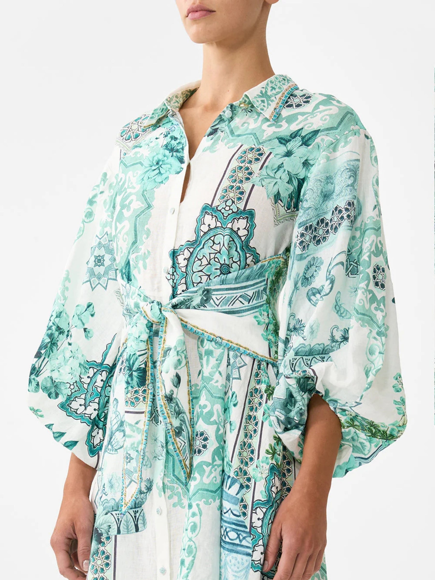 Waist Tie Shirt Dress w/ Bubble Sleeve - Balearic Bebé