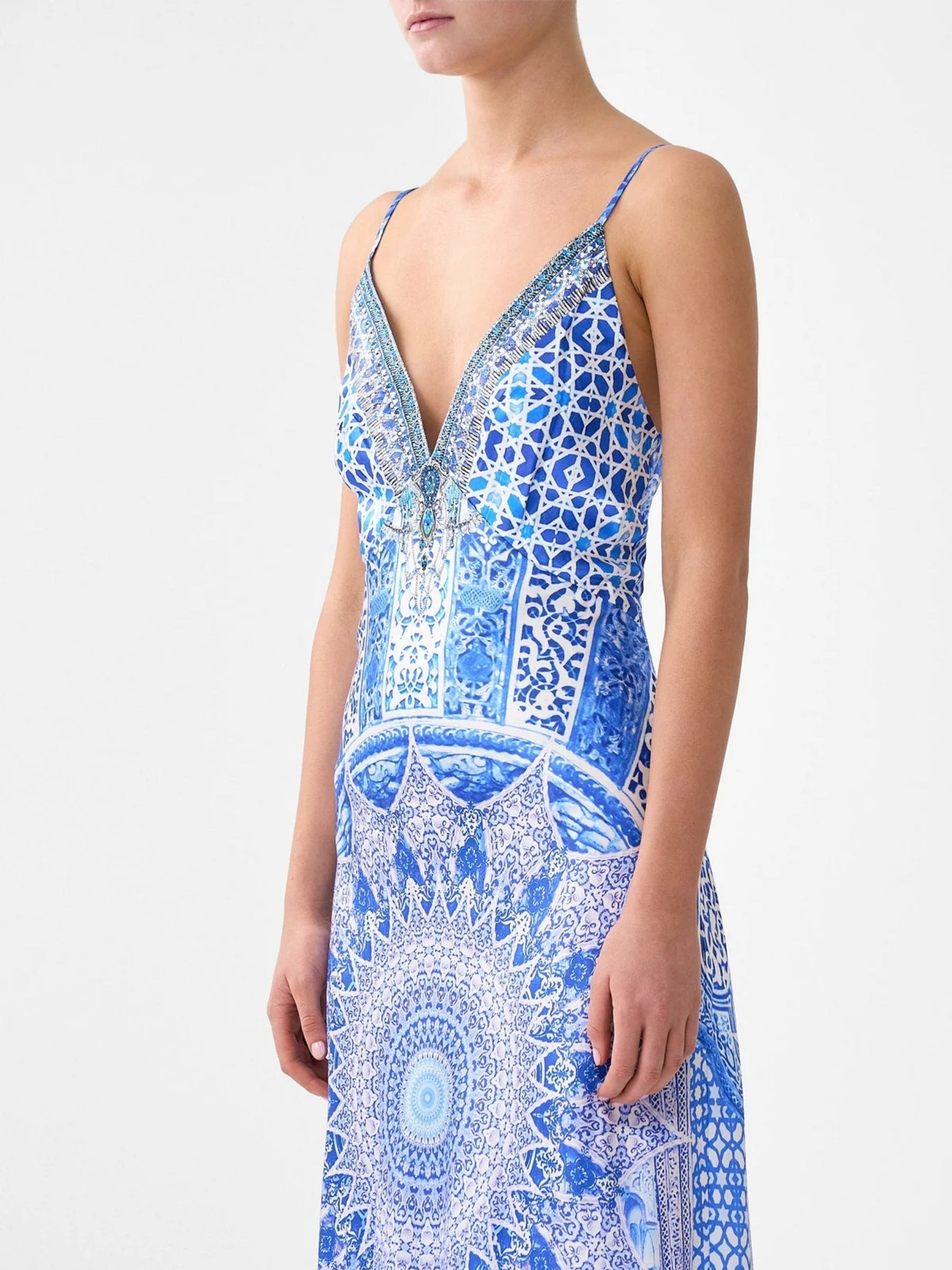 V Neck Long Bias Slip Dress w/ Train - The Bosphorous