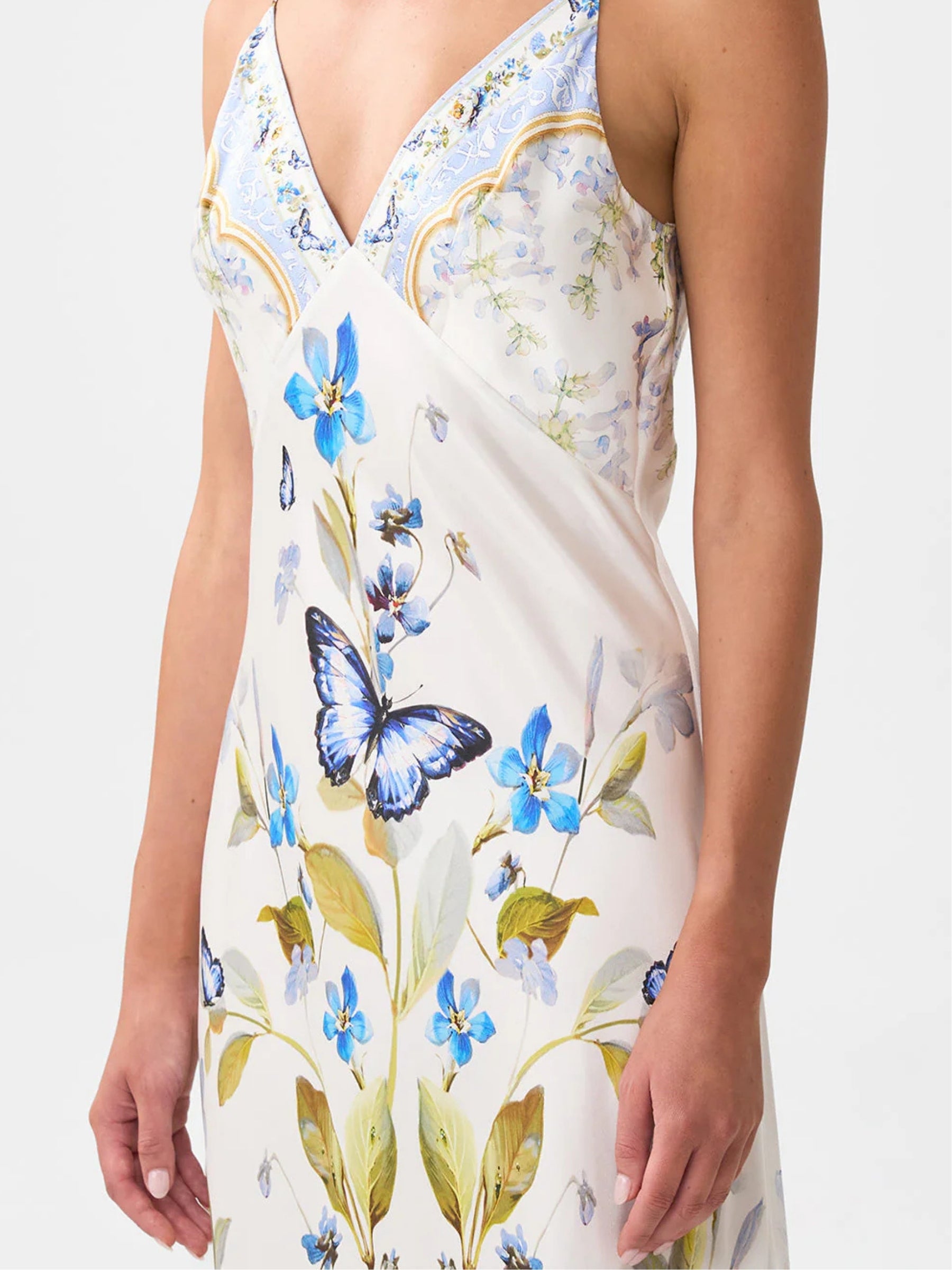 V-Neck Long Bias Slip Dress with Train - Botanical Ballads