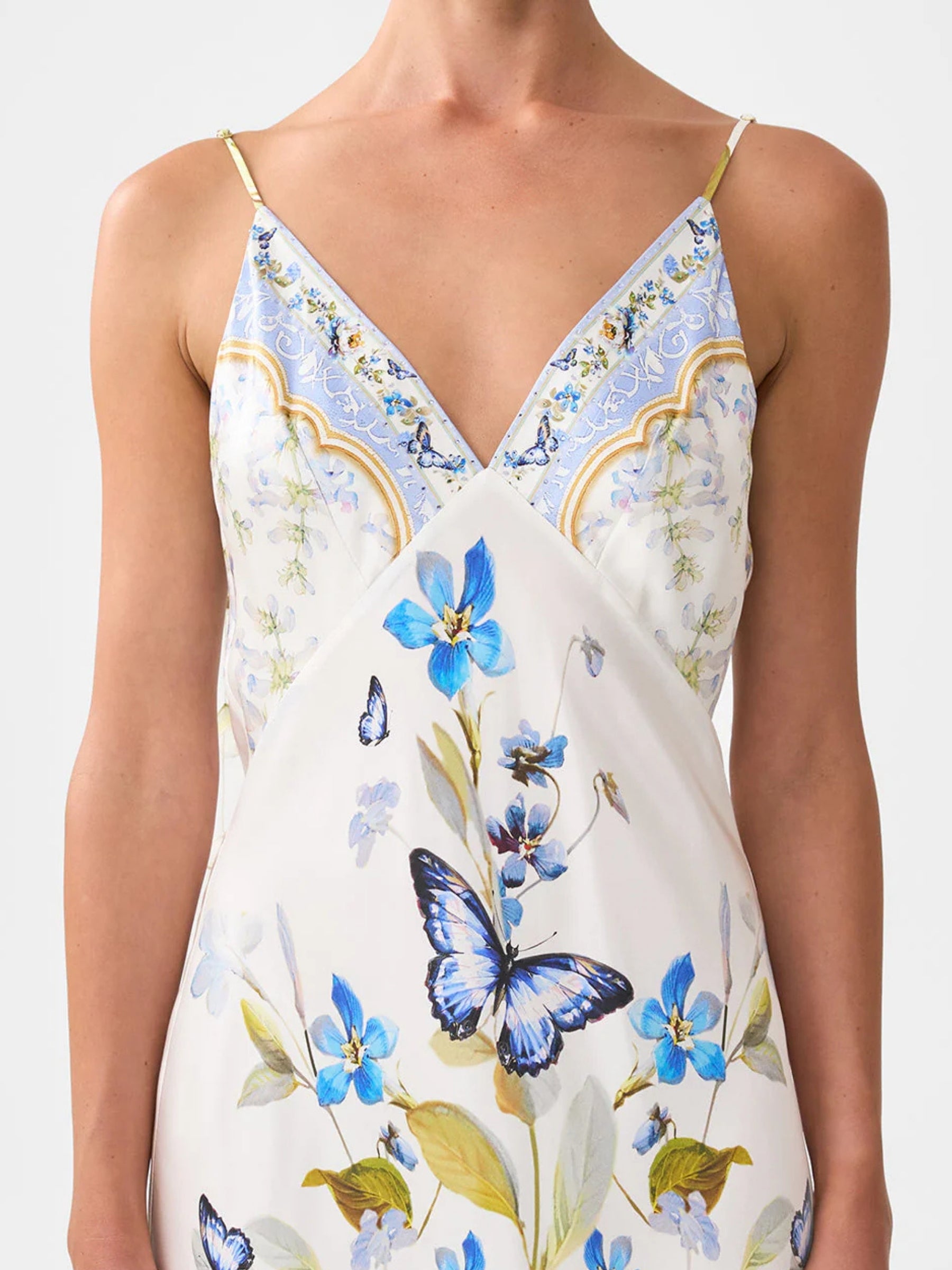 V-Neck Long Bias Slip Dress with Train - Botanical Ballads