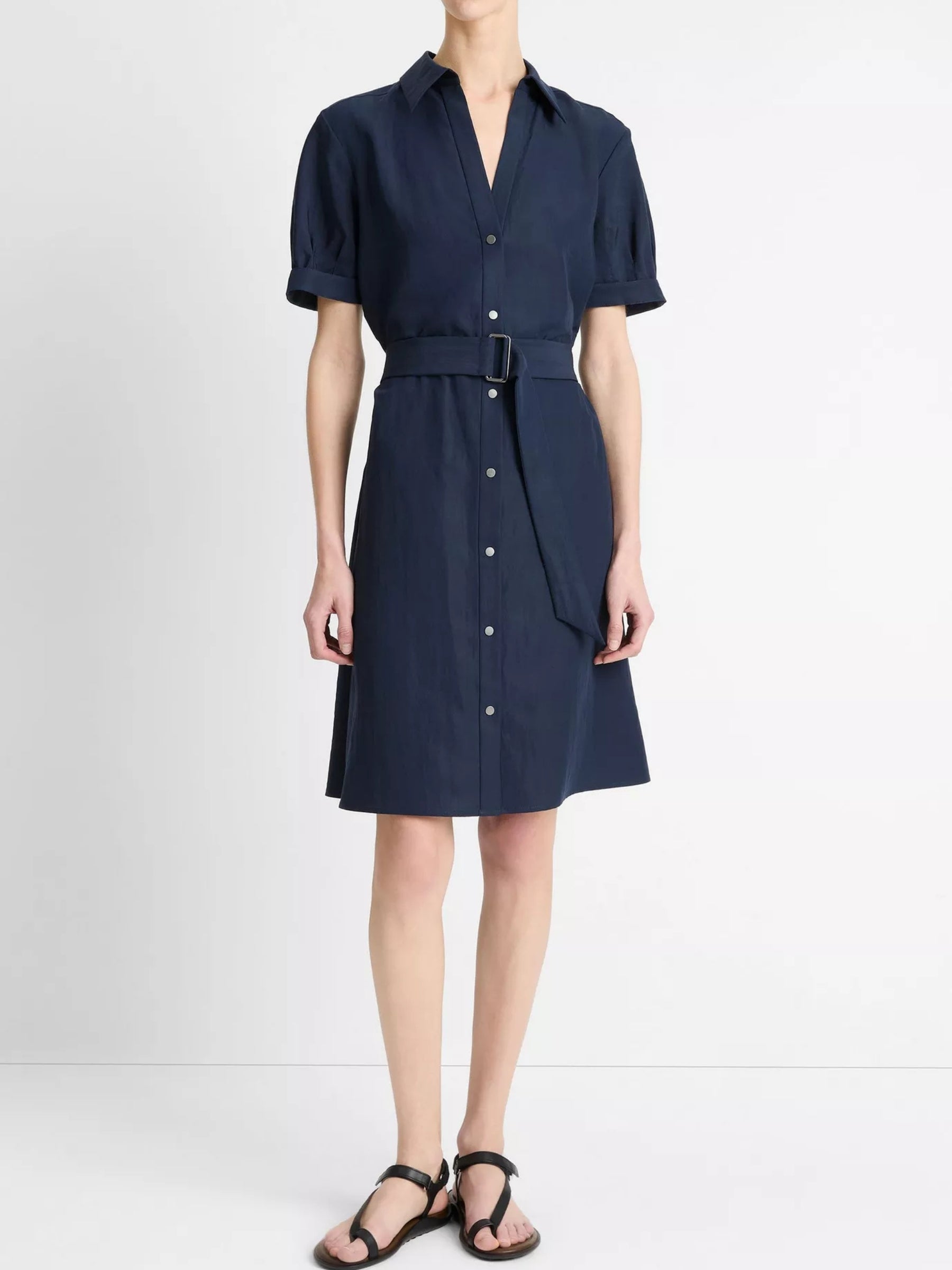 Cuffed Short Sleeve Belted Shirt Dress - Coastal