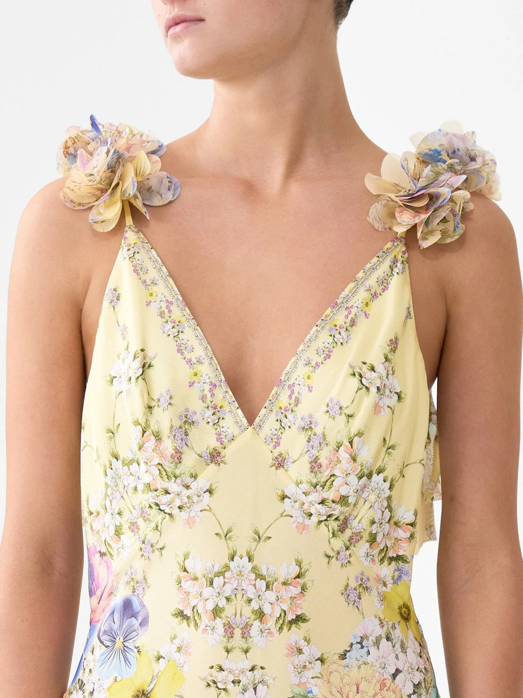 V Neck Bias Slip Dress w/ Back Frill - Darling Buds