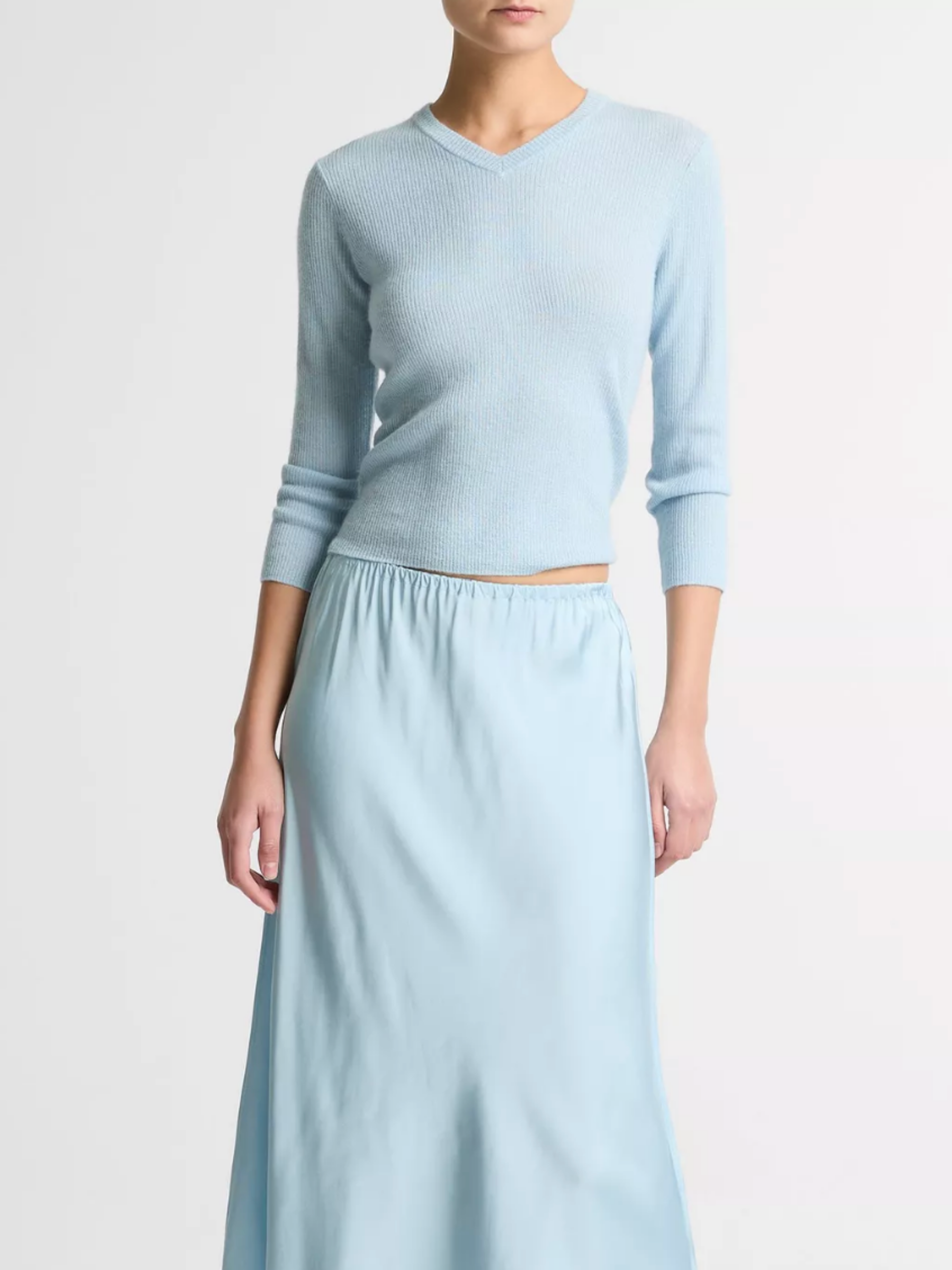 Solid High V Neck Sweater - Clearwater