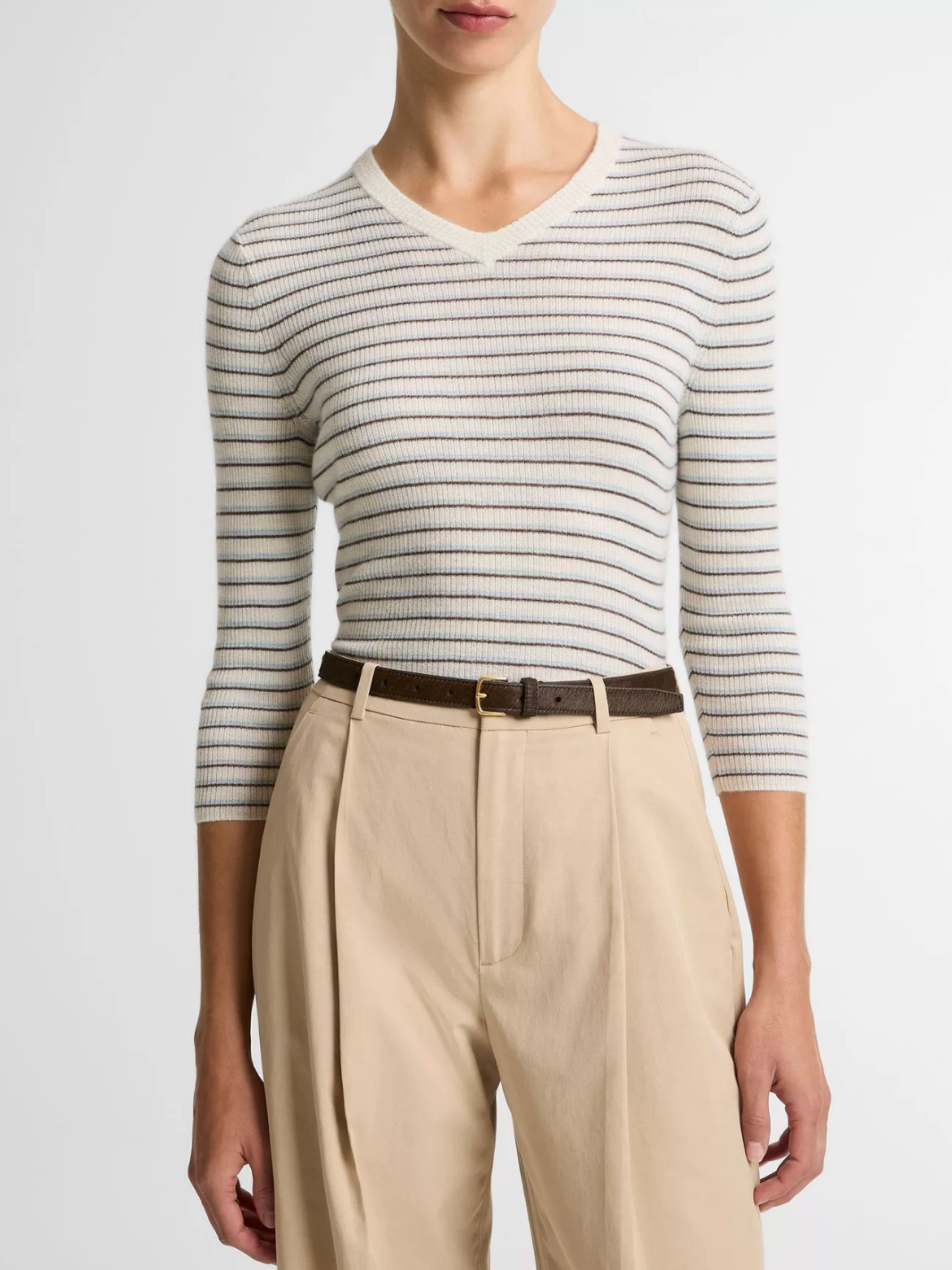 Striped High V-Neck Long Sleeve