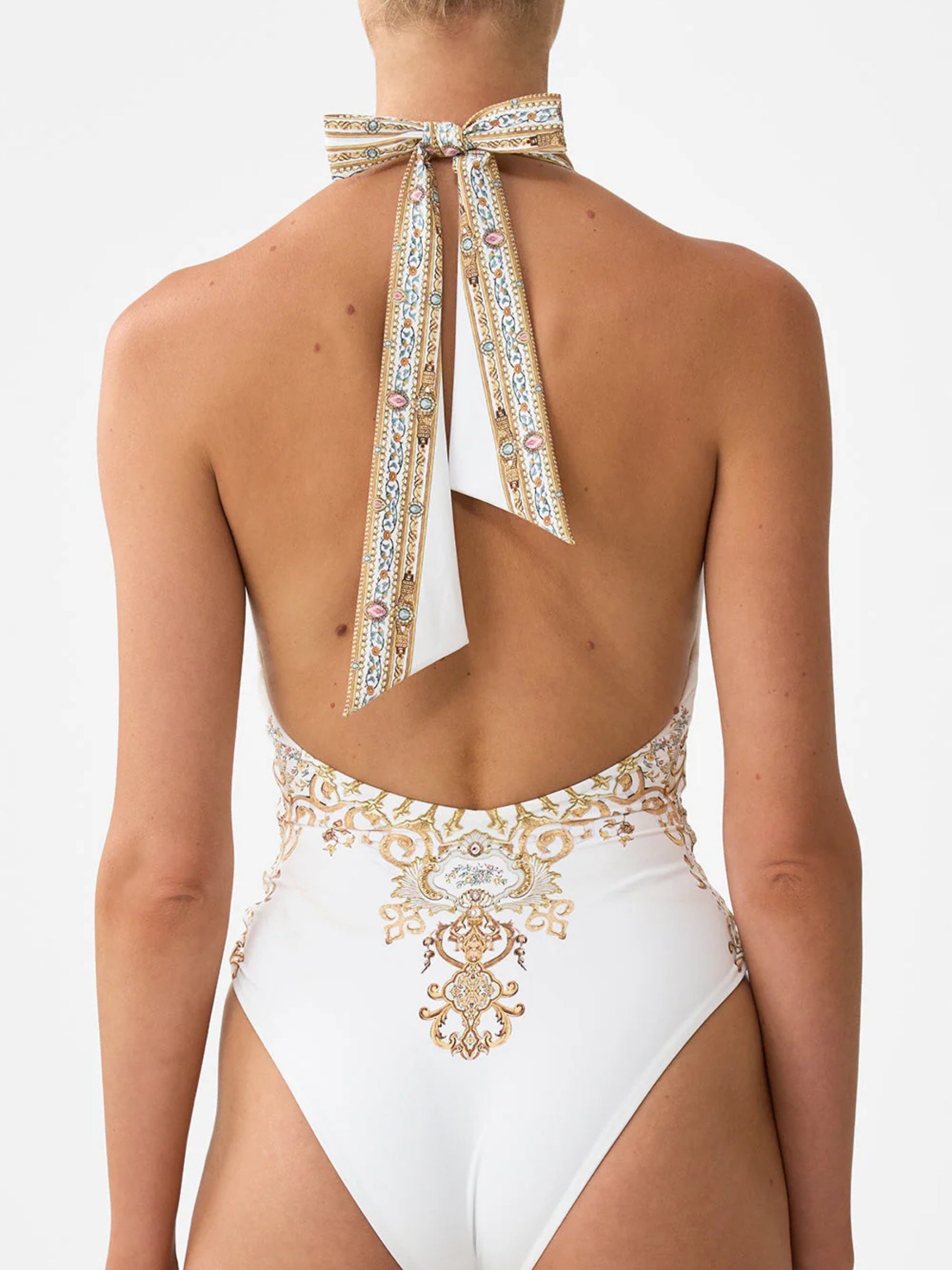 Plunge Halter One Piece with Pleated Waist Trim - Ottoman Dynasty