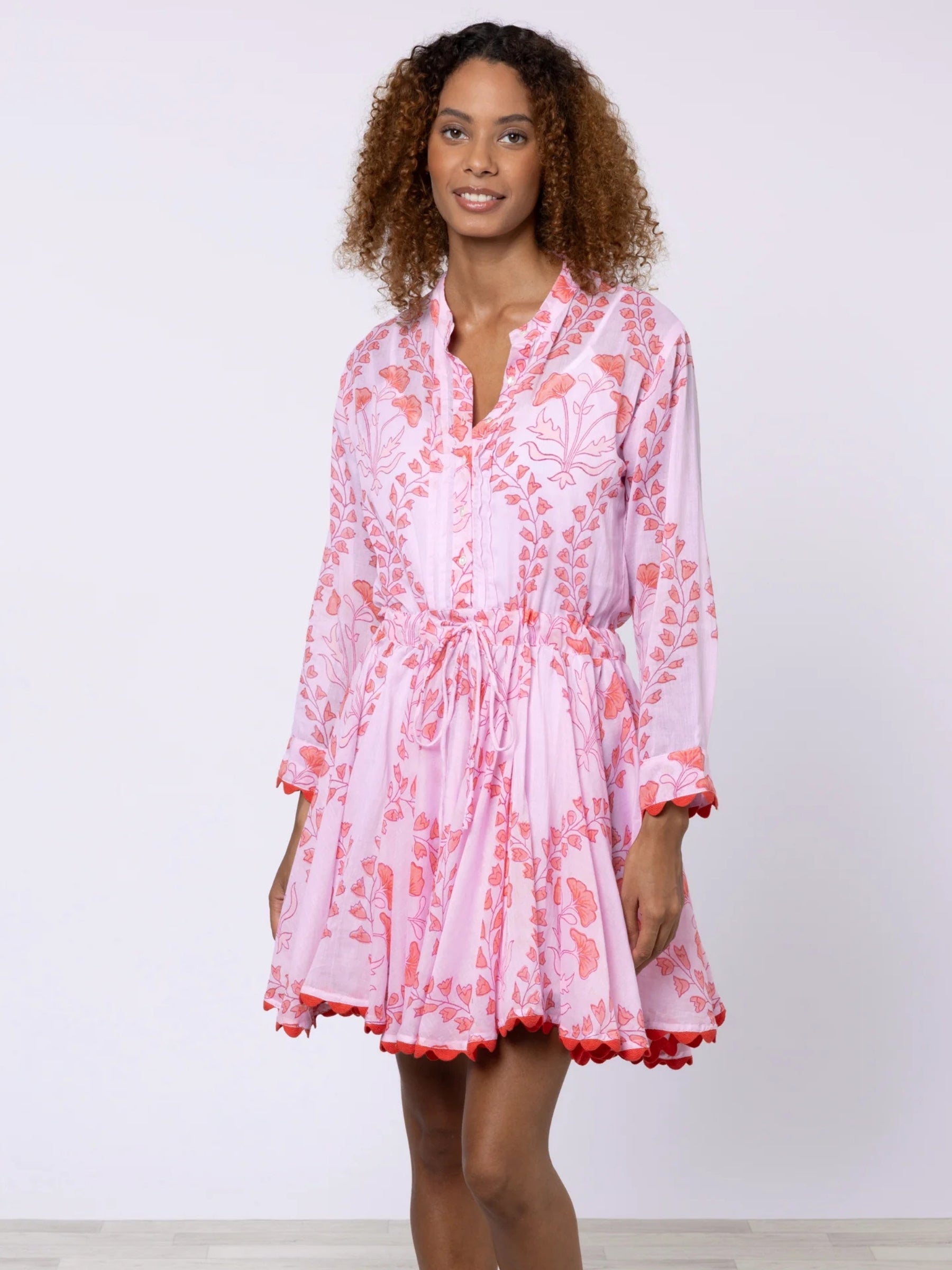 Long Sleeve Beach Dress w/ Ginko - Pale Pink/Red