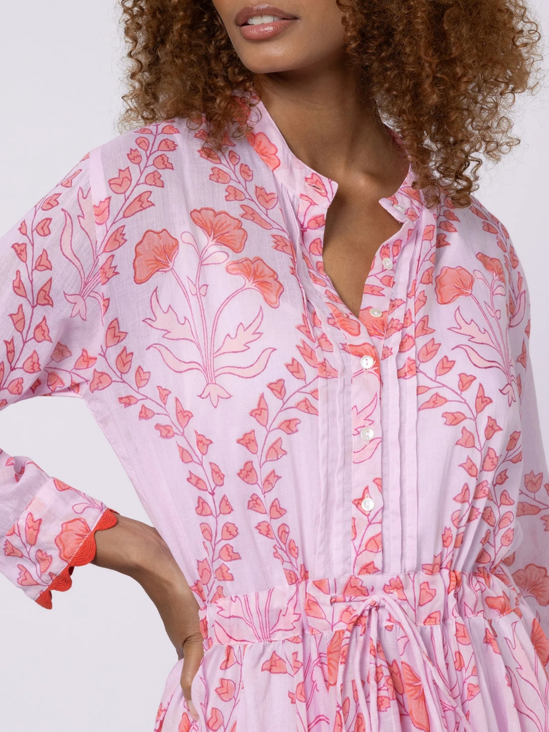 Long Sleeve Beach Dress w/ Ginko - Pale Pink/Red