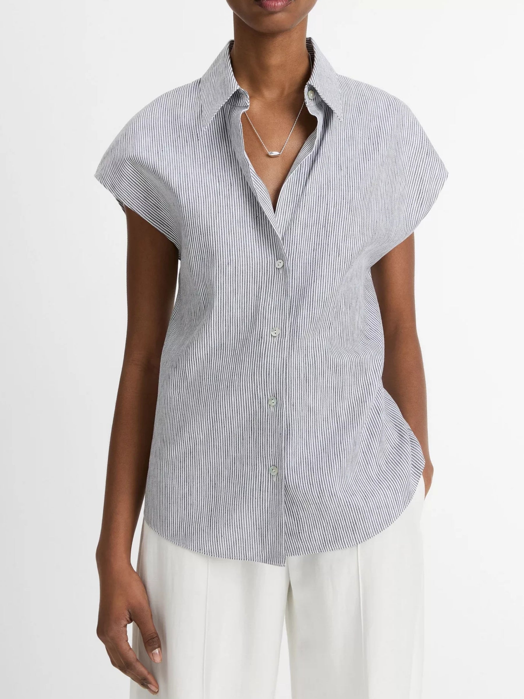 Ticking Stripe Cap Sleeve Blouse - Blue Stripe