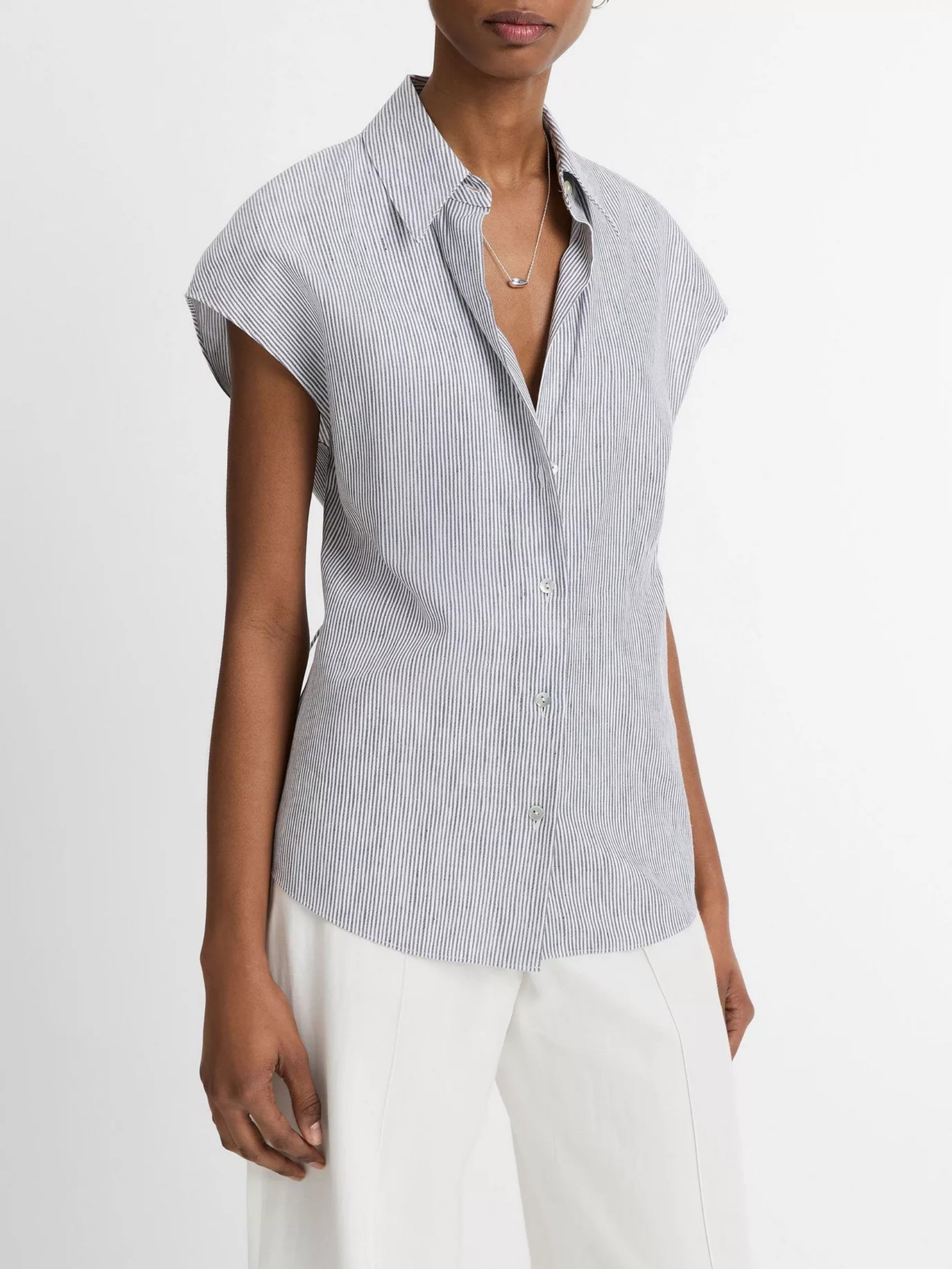 Ticking Stripe Cap Sleeve Blouse - Blue Stripe