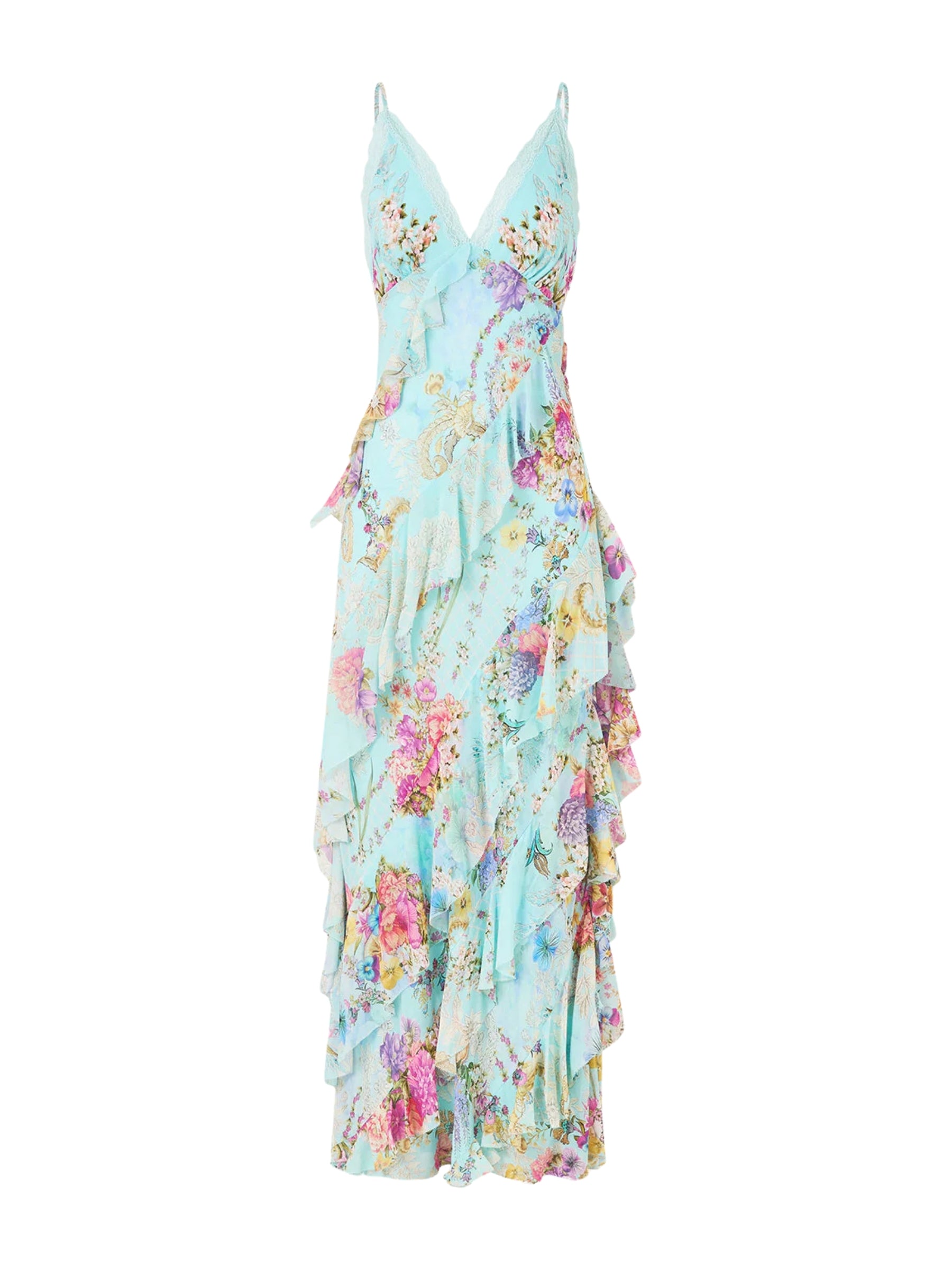 Camilla Women's Floral Ruffle Silk Slipdress - Blue - Maxi Dresses Camilla Women's Floral Ruffle Silk Slipdress - Blue - Maxi Dresses