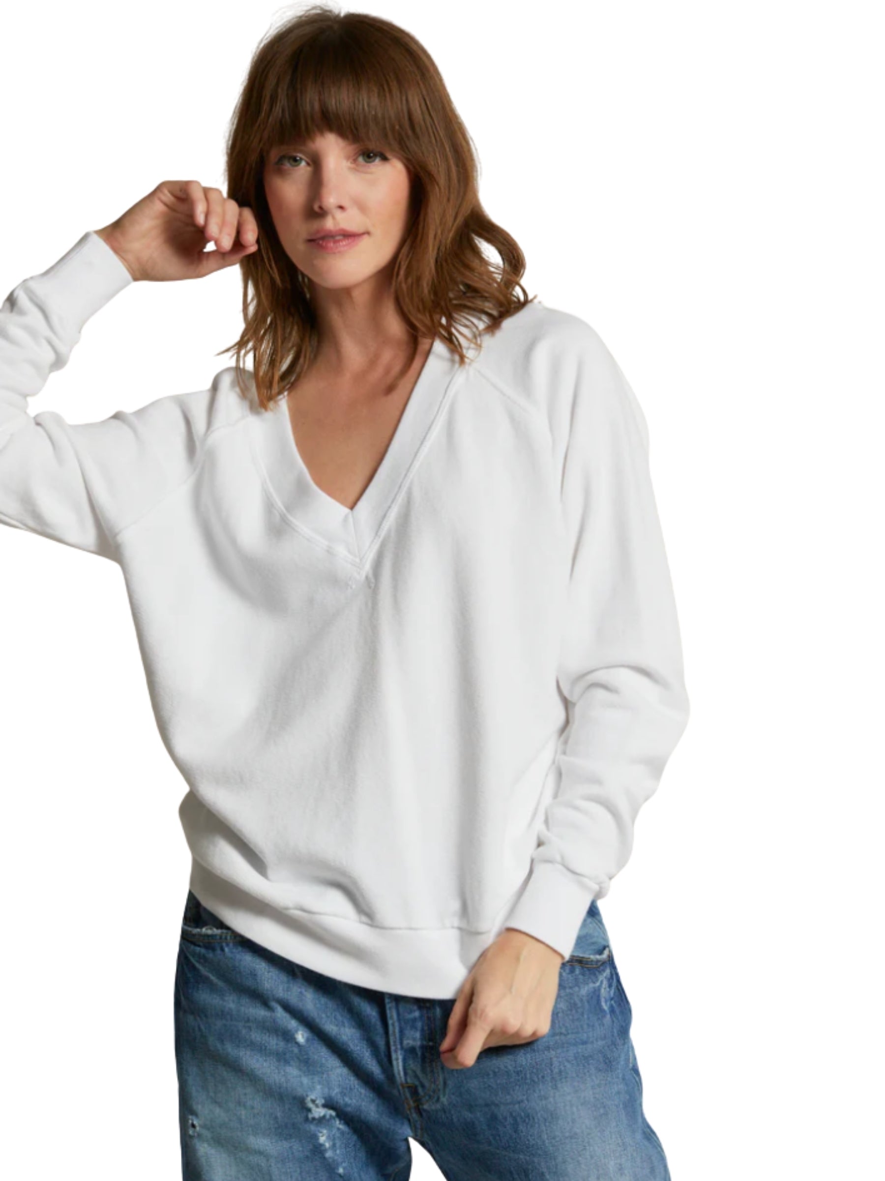 Sinead Relaxed Terry V Neck Sweatshirt - White