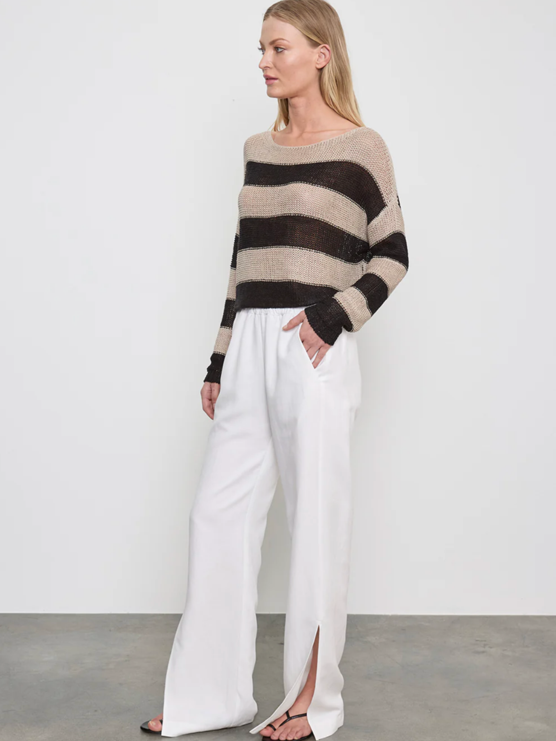 3 Stripe Linen Bateau - Black/Oatmeal