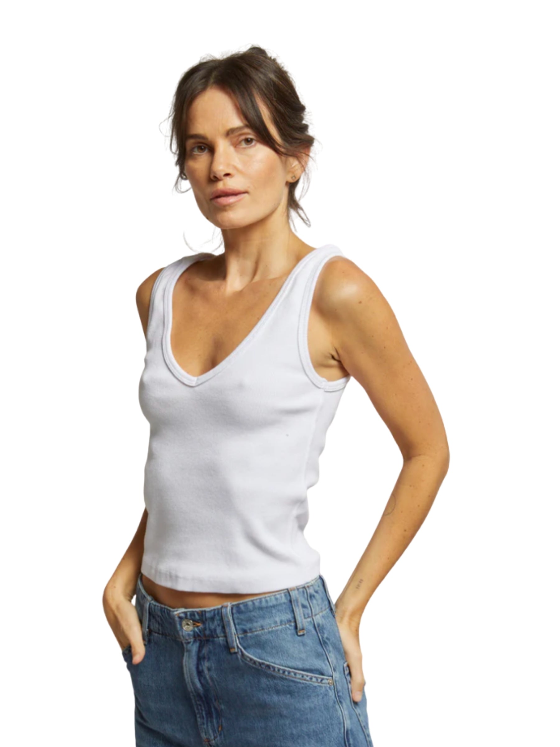 Maria Structured Rib V Neck Tank - White