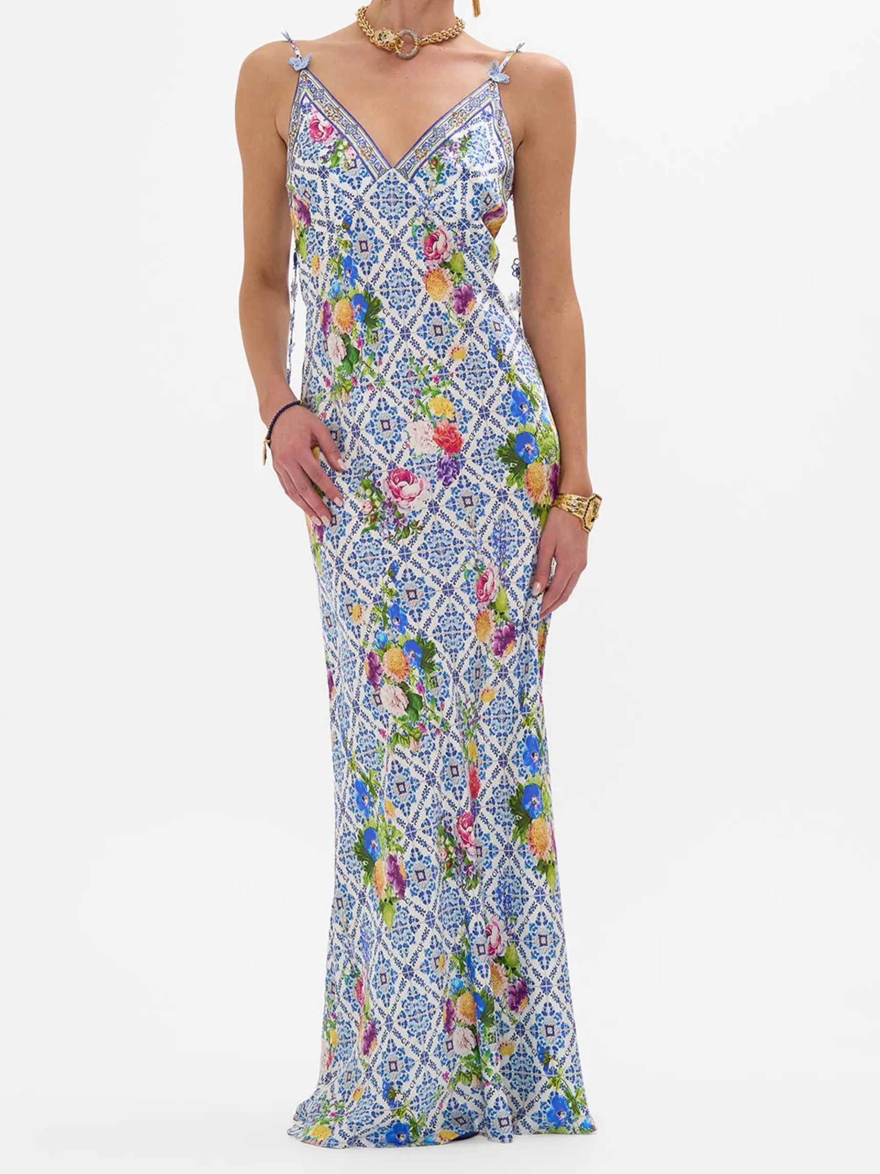 V Neck Full Length Bias Slip Dress - Wall to Wall Wonders