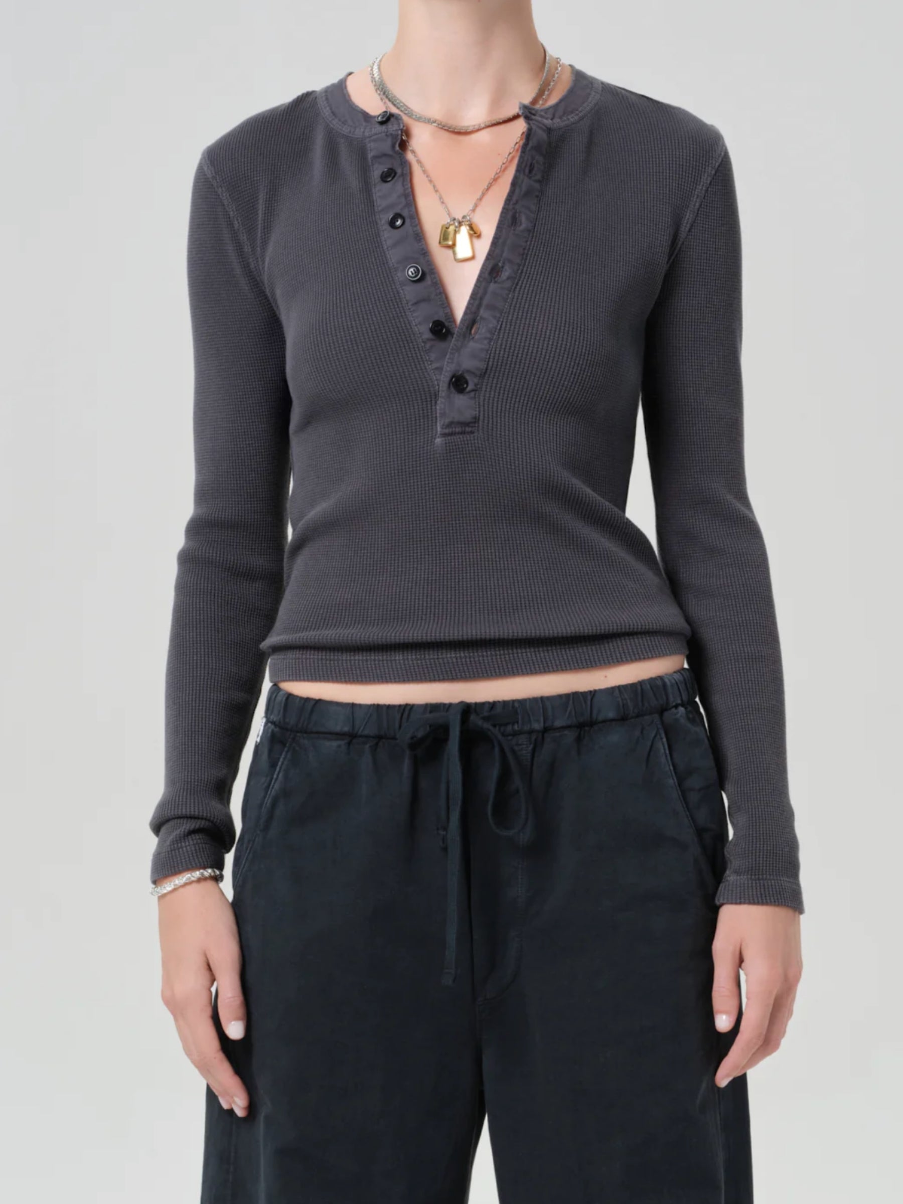 Drea Waffle Henley - Charcoal