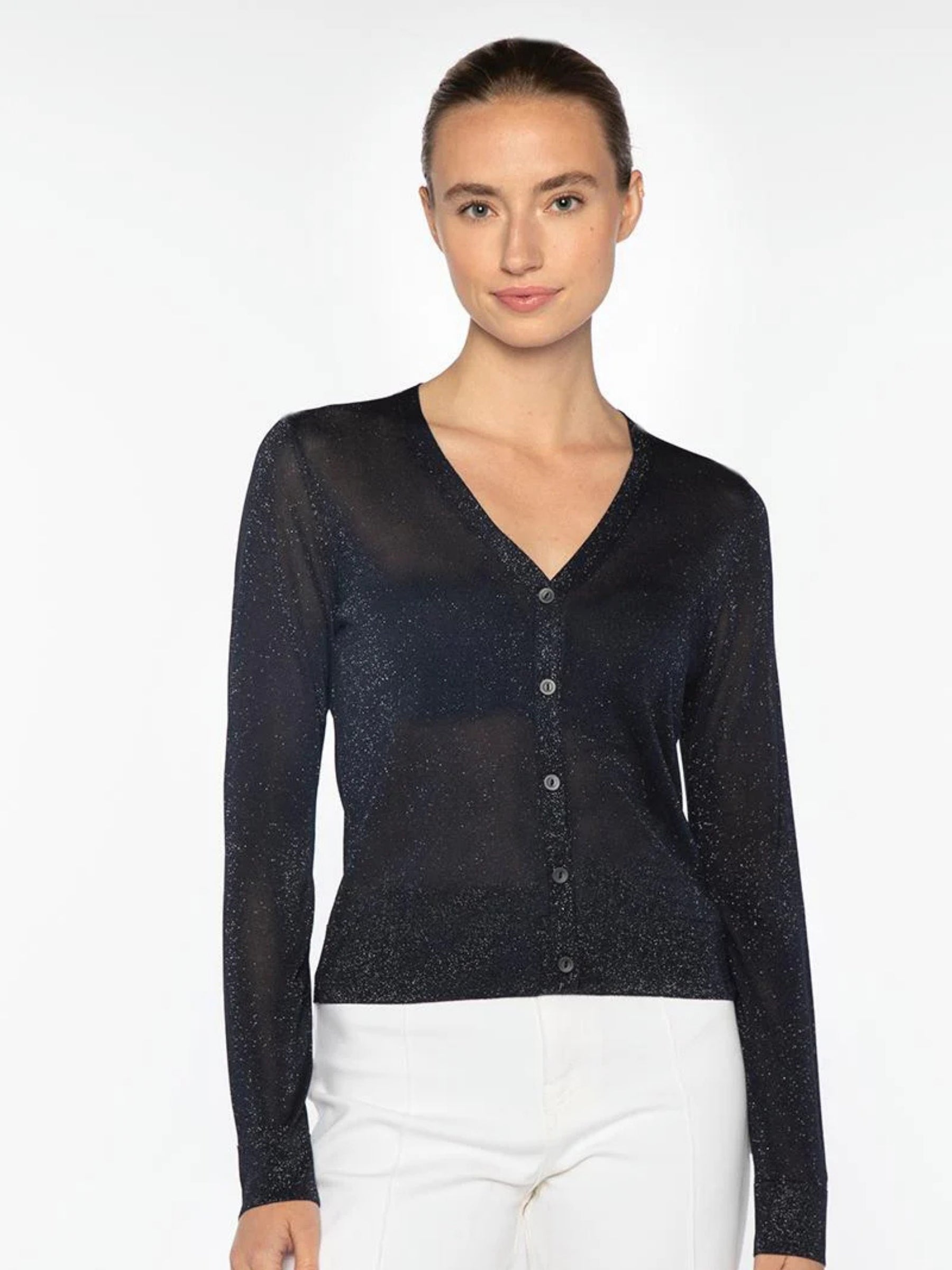 Shimmer Button Front Vee Cardigan - Black