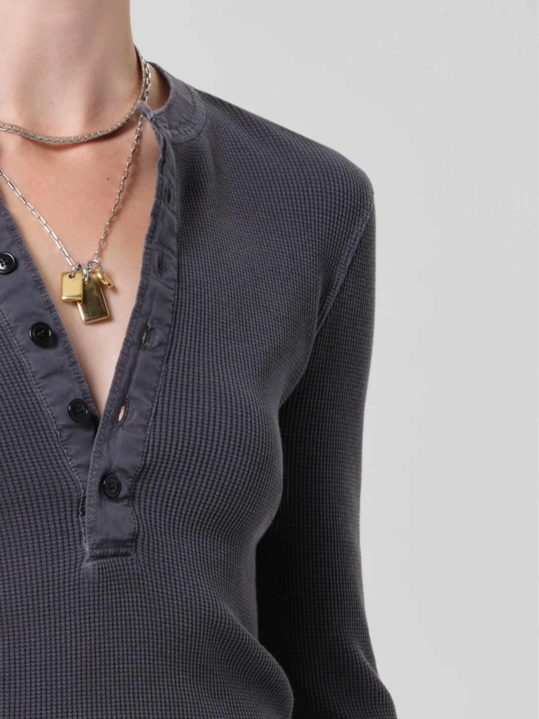 Drea Waffle Henley - Charcoal