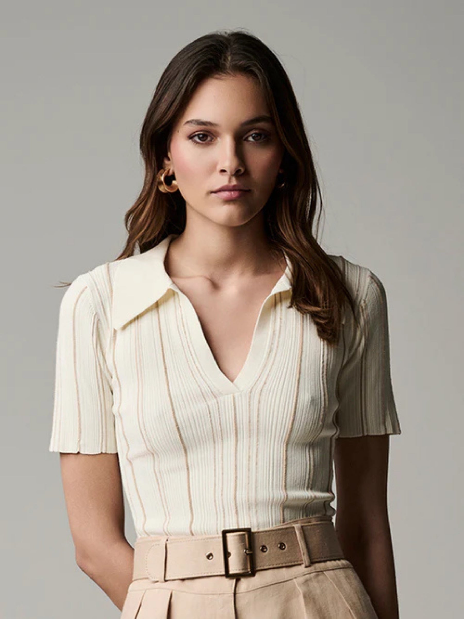 HEVRON-DAISY-KNIT-POLO-WHEAT-/-IVORY/STRIPE