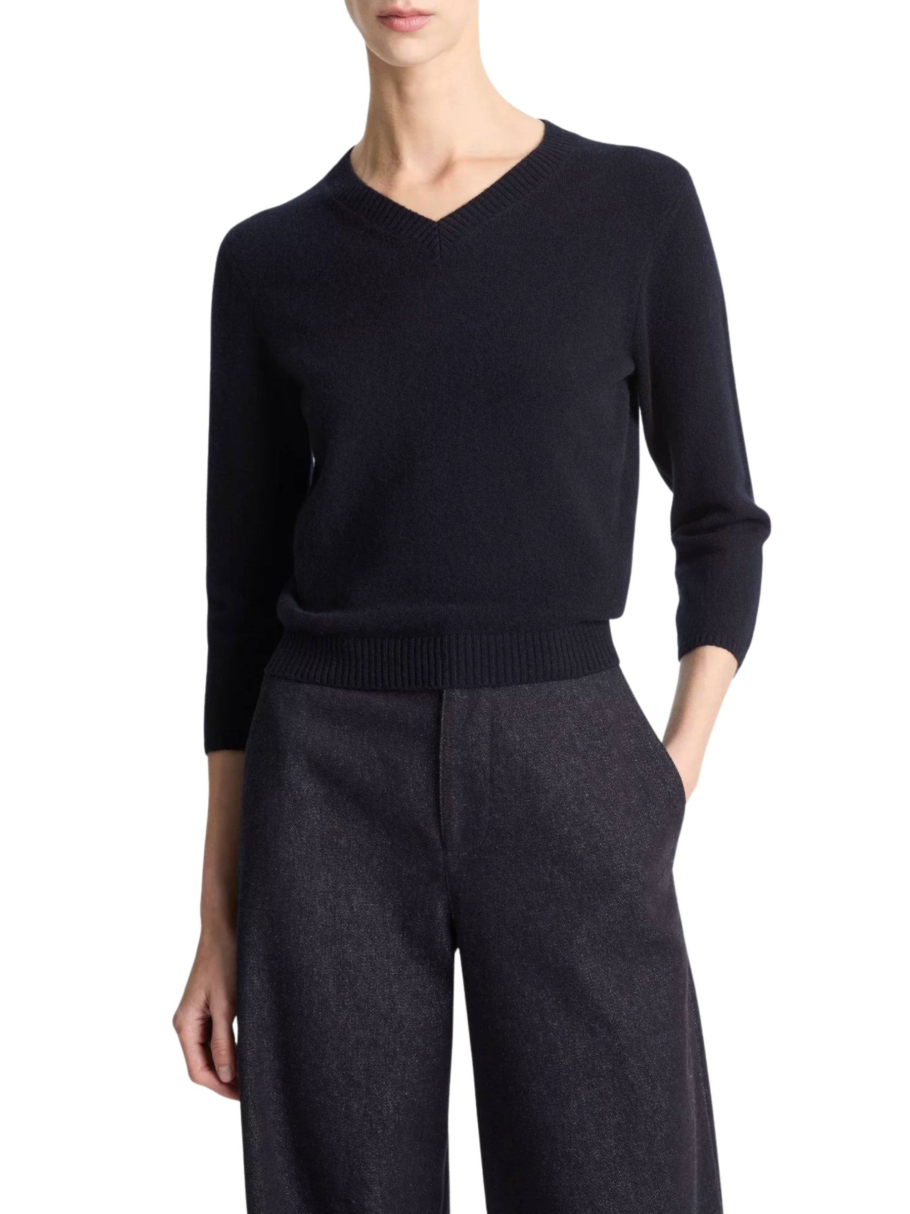 3/4 Sleeve V Neck Sweater - Navy