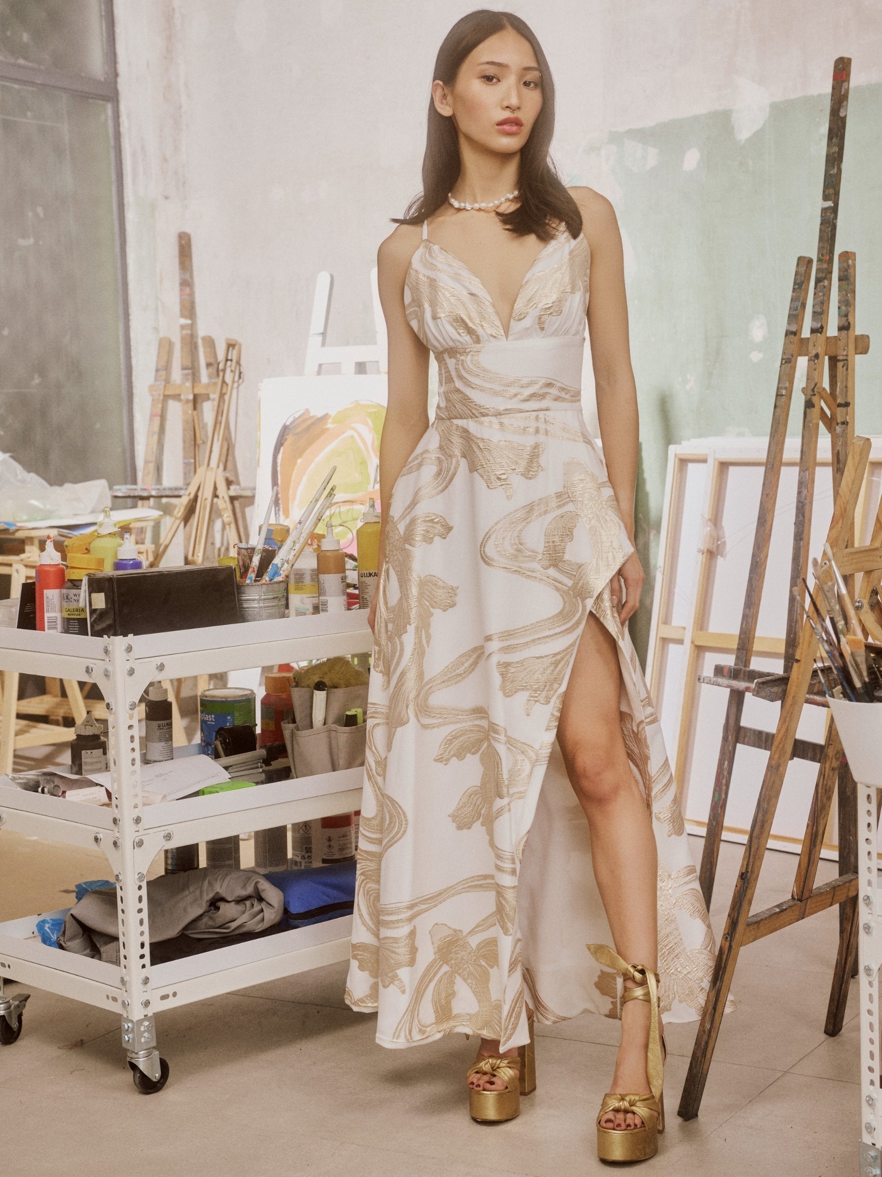 knee length dresses for ladies Off White Maxi Dress with Gold Details main image 1