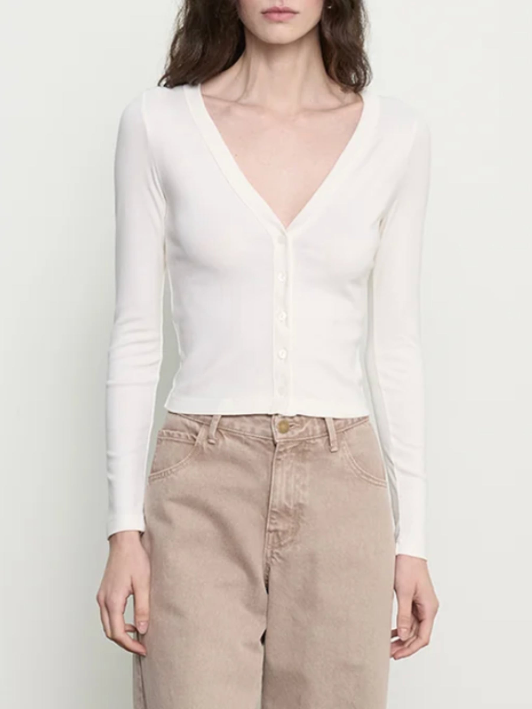 Close-up front view of Enza Costa Supima Cotton V-Neck Cardigan in white