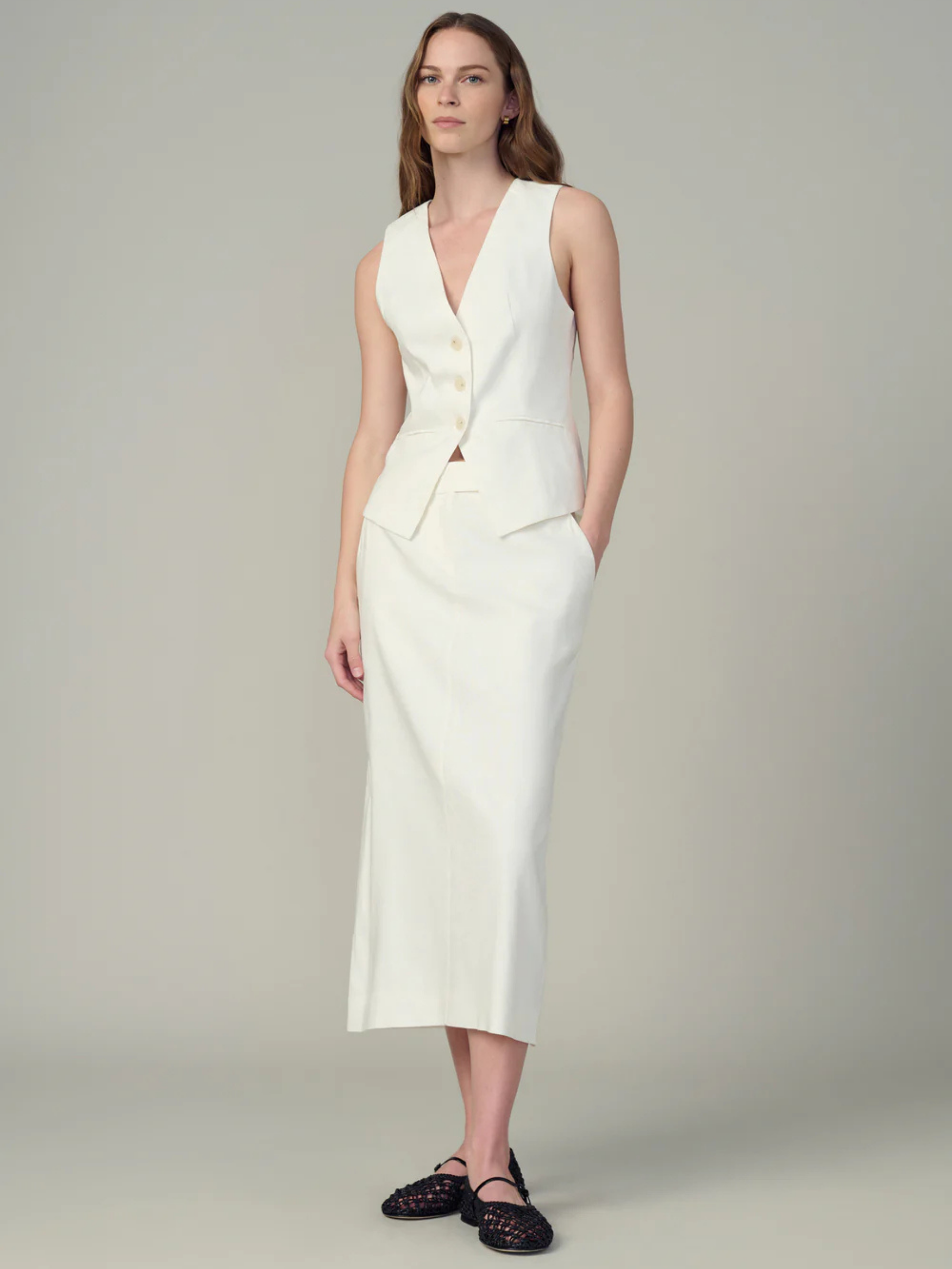 The Maeve Tailored Midi Skirt - Ecru