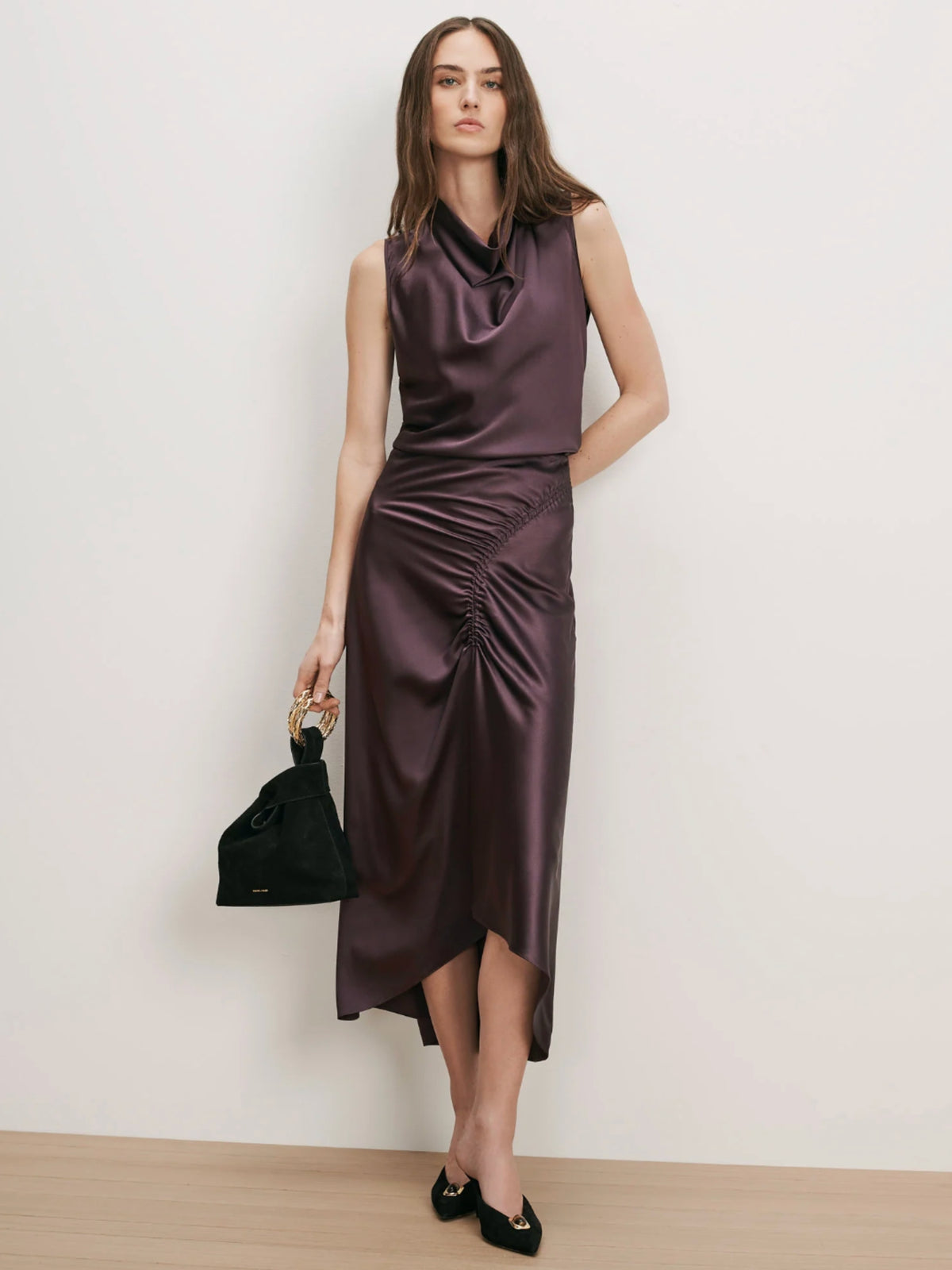 Veronica Beard Felecia Dark Eggplant midi skirt styled with a matching sleeveless blouse