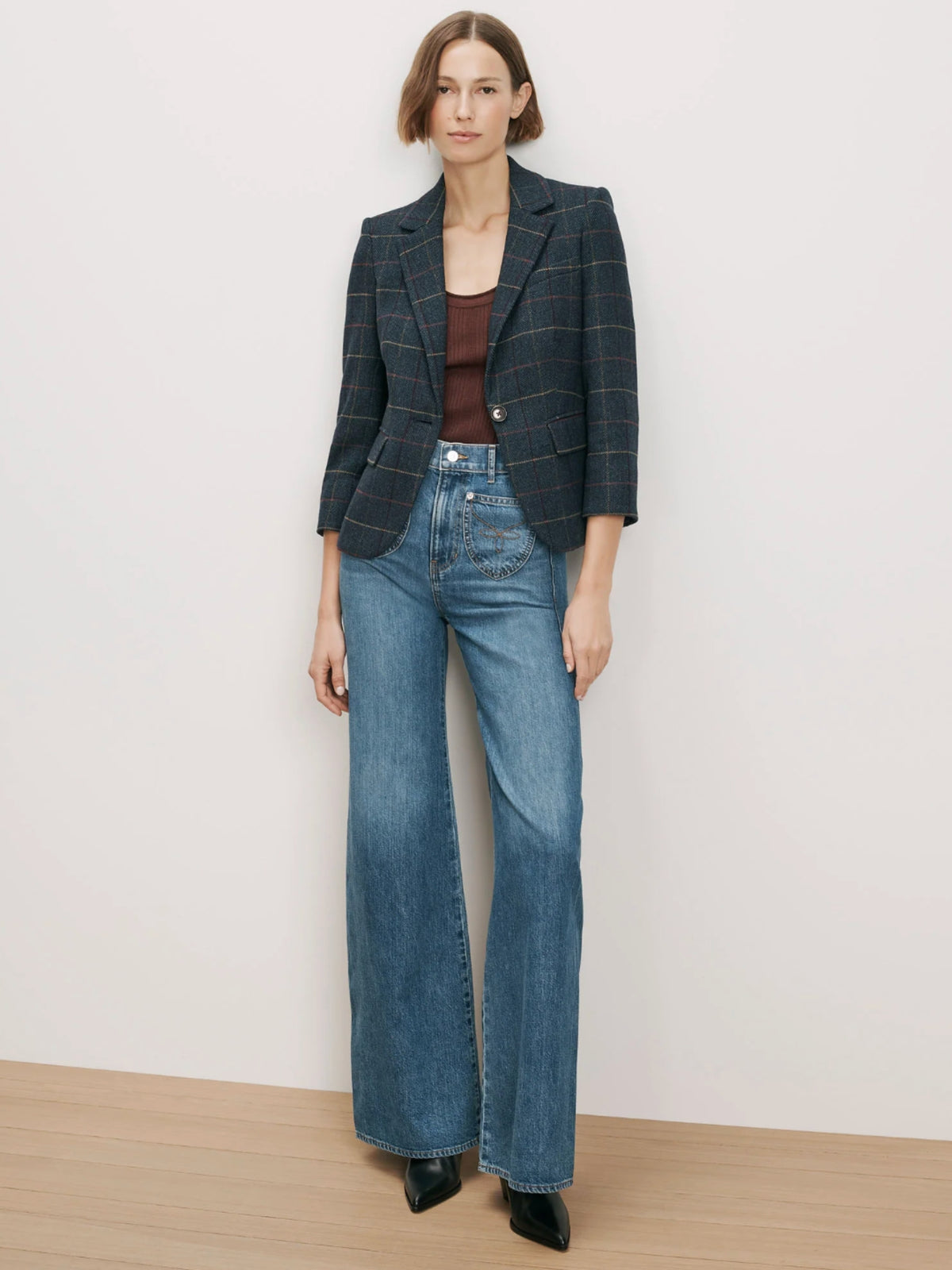 Veronica Beard Schoolboy Teal Multi plaid jacket styled with wide-leg jeans