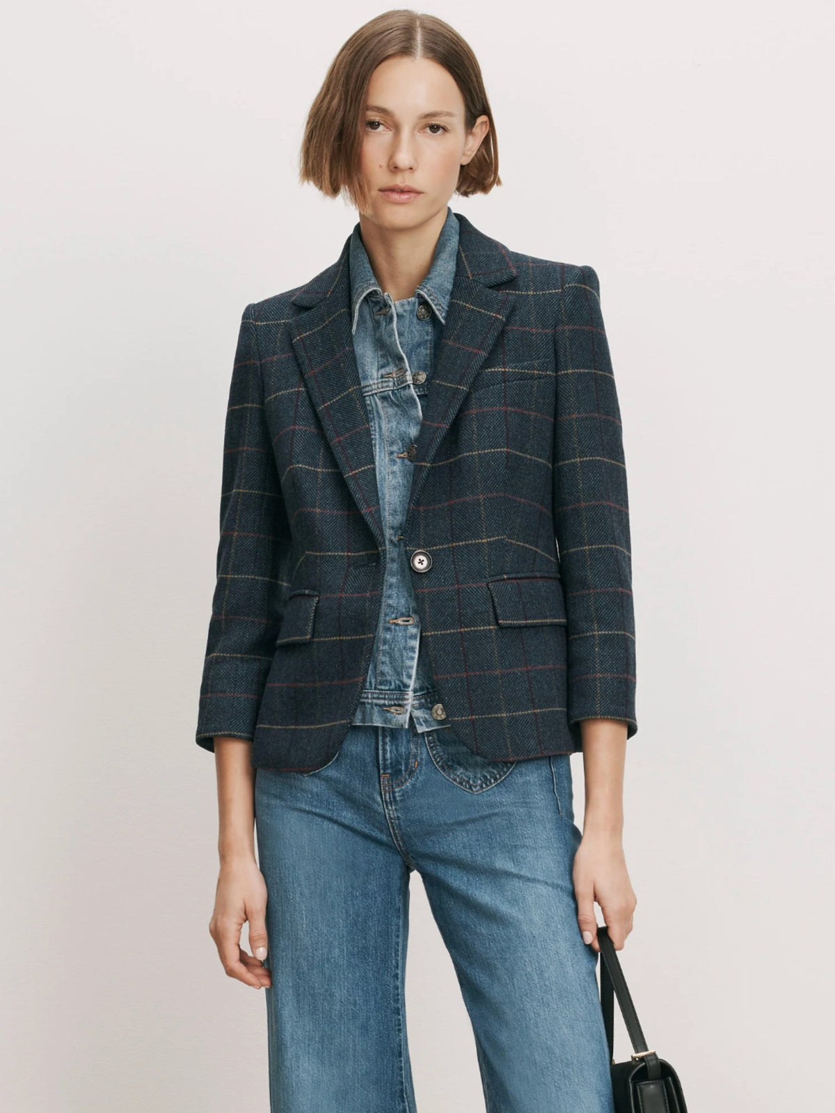 Veronica Beard Schoolboy plaid Dickey jacket in Teal Multi, worn over a denim layer