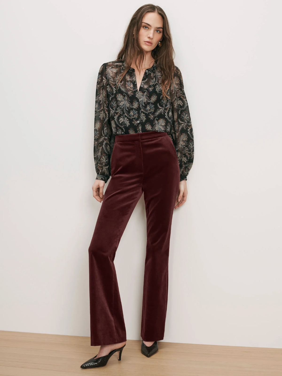 Veronica Beard Ashlynn Black Multi printed blouse styled with burgundy pants