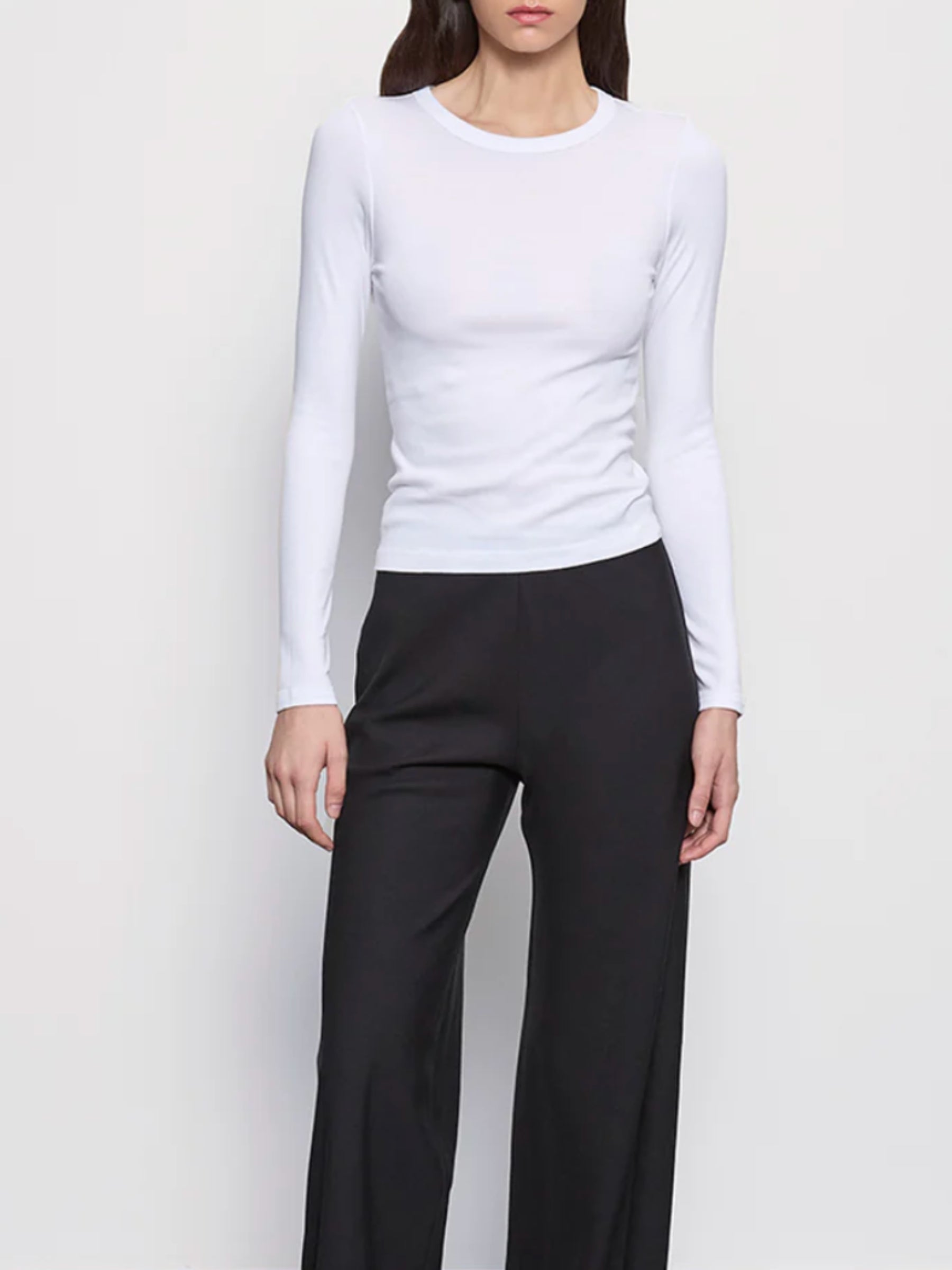 Enza Costa Supima Cotton New Classic Long-Sleeve Tee in white on model, front view