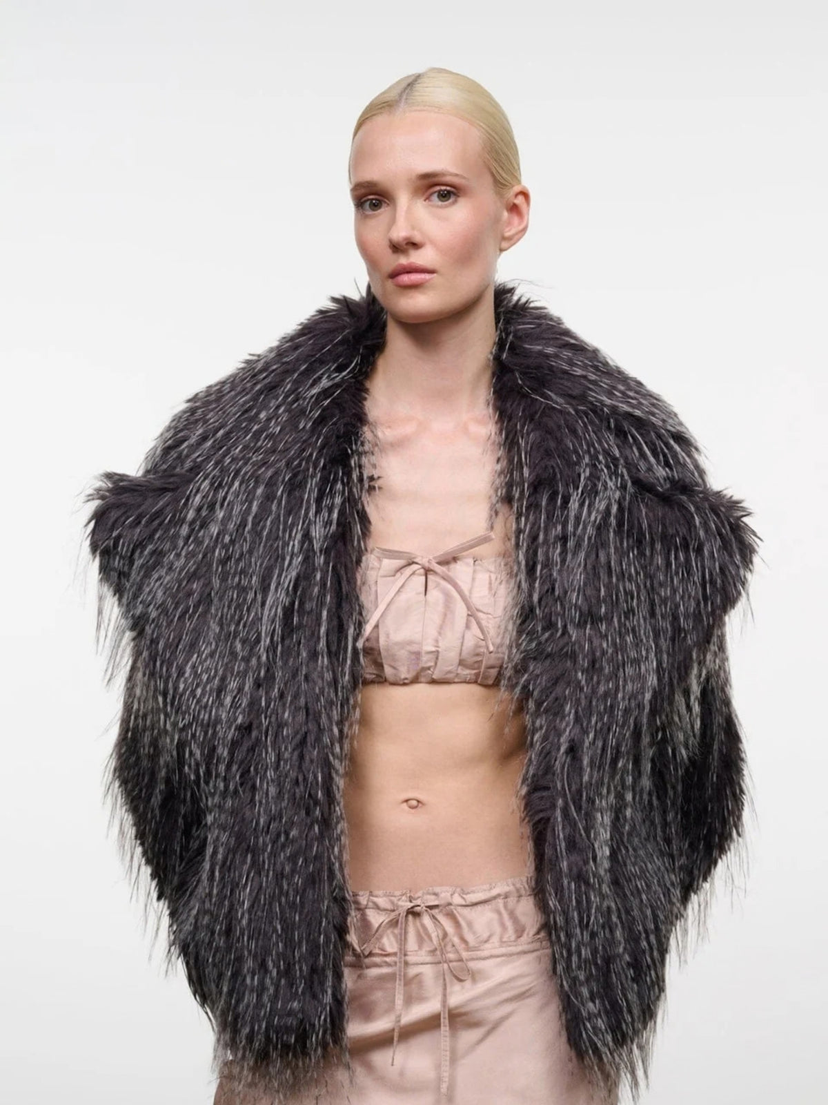 STAUD Soprano Porcupine Quill faux fur jacket, close front view showing its wide collar