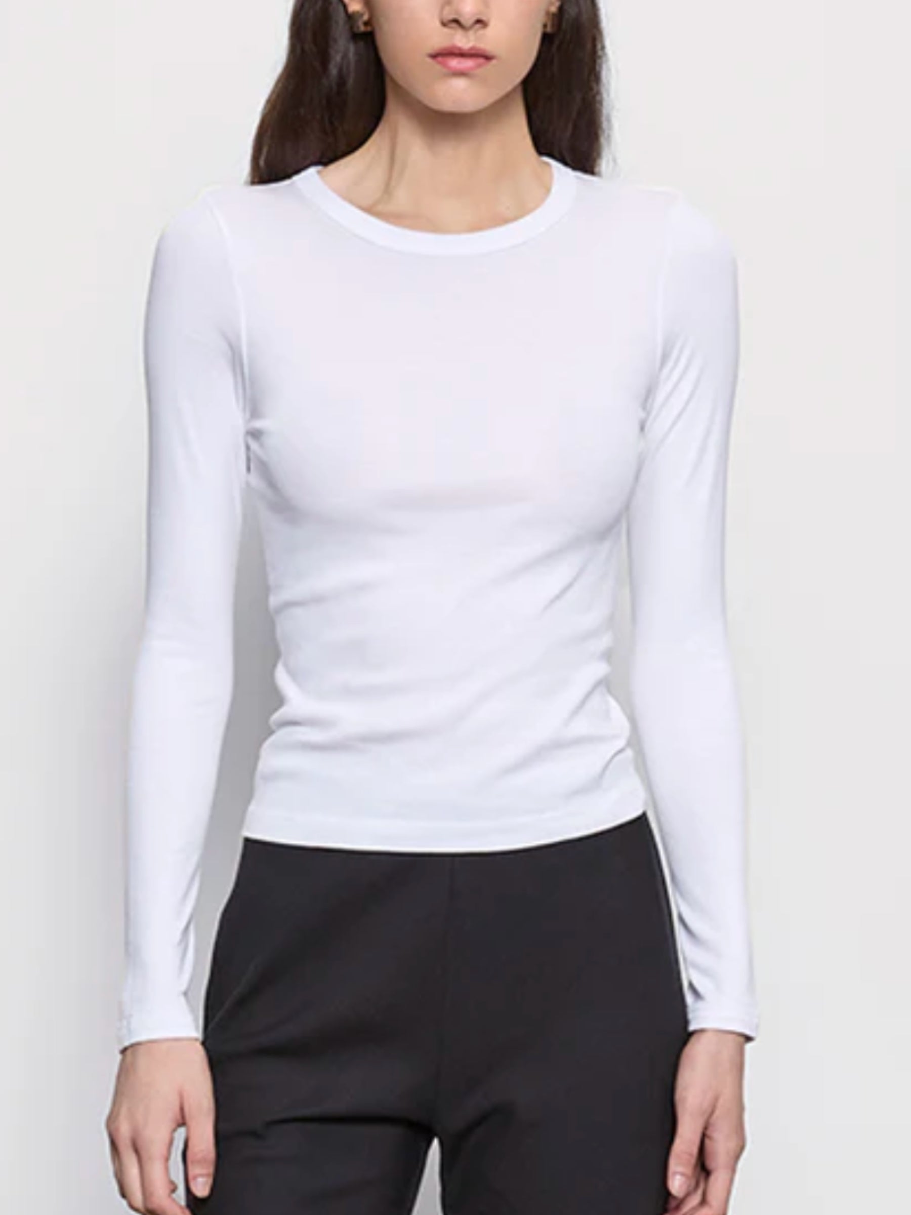 Close-up front view of Enza Costa Supima Cotton New Classic Long-Sleeve Tee in white