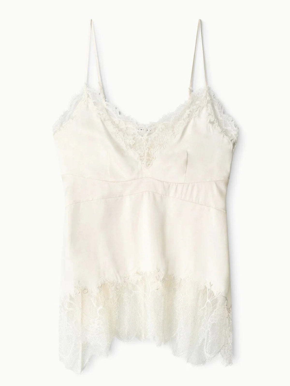 STAUD Lina Ivory silk top, product-only front view with lace at the neckline and hem