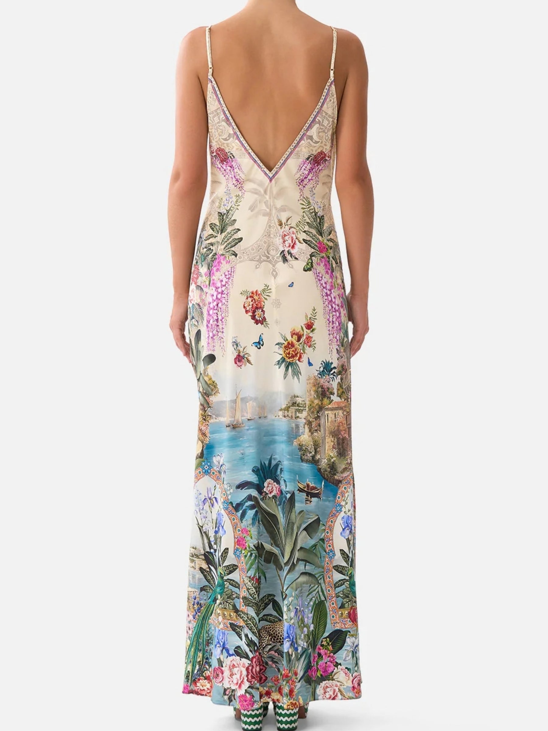 V Neck Full Length Bias Slip Dress - Bodrum Botanicals