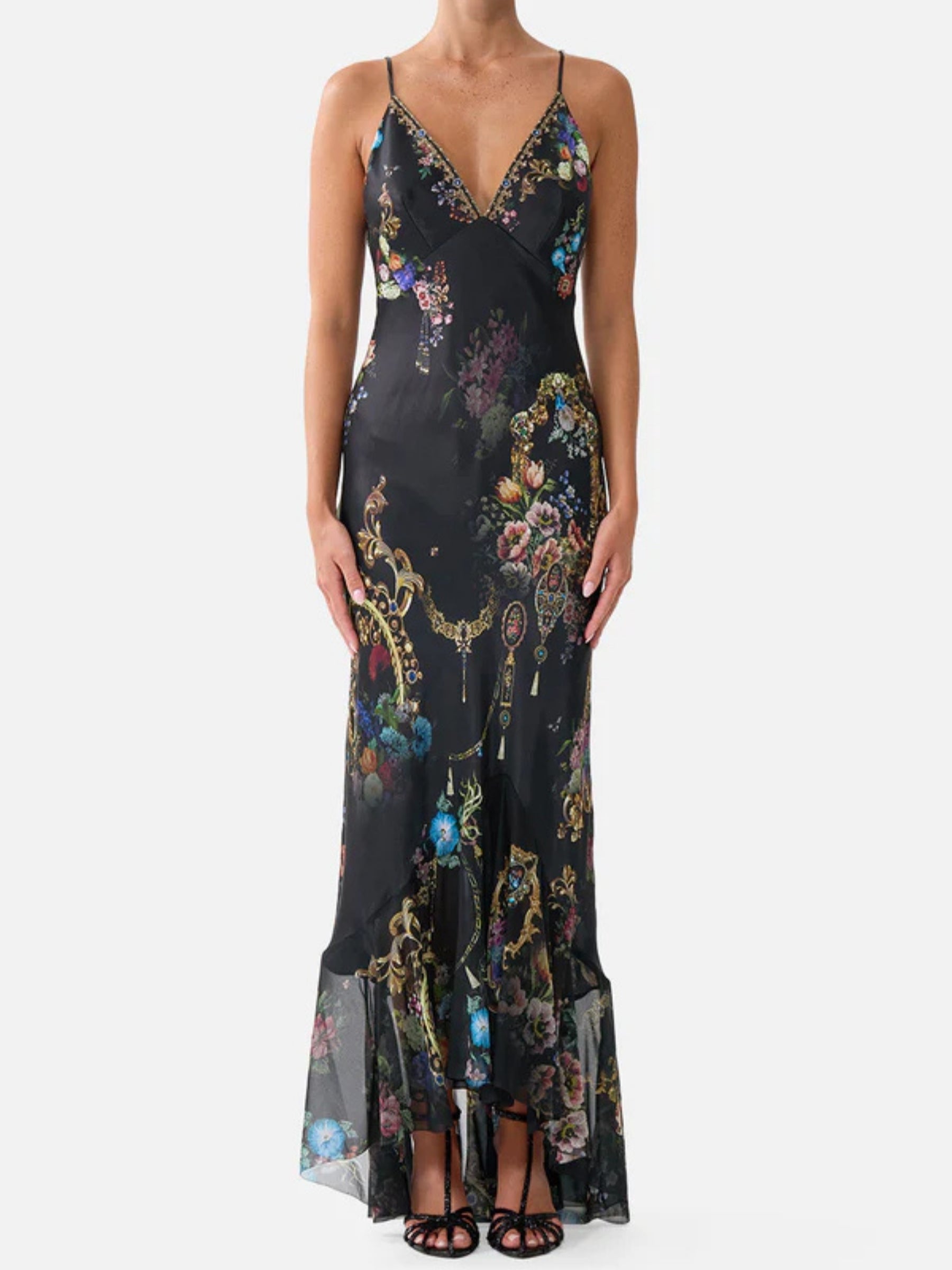 V Neck Slip Dress Flounce Hem - Night Garden