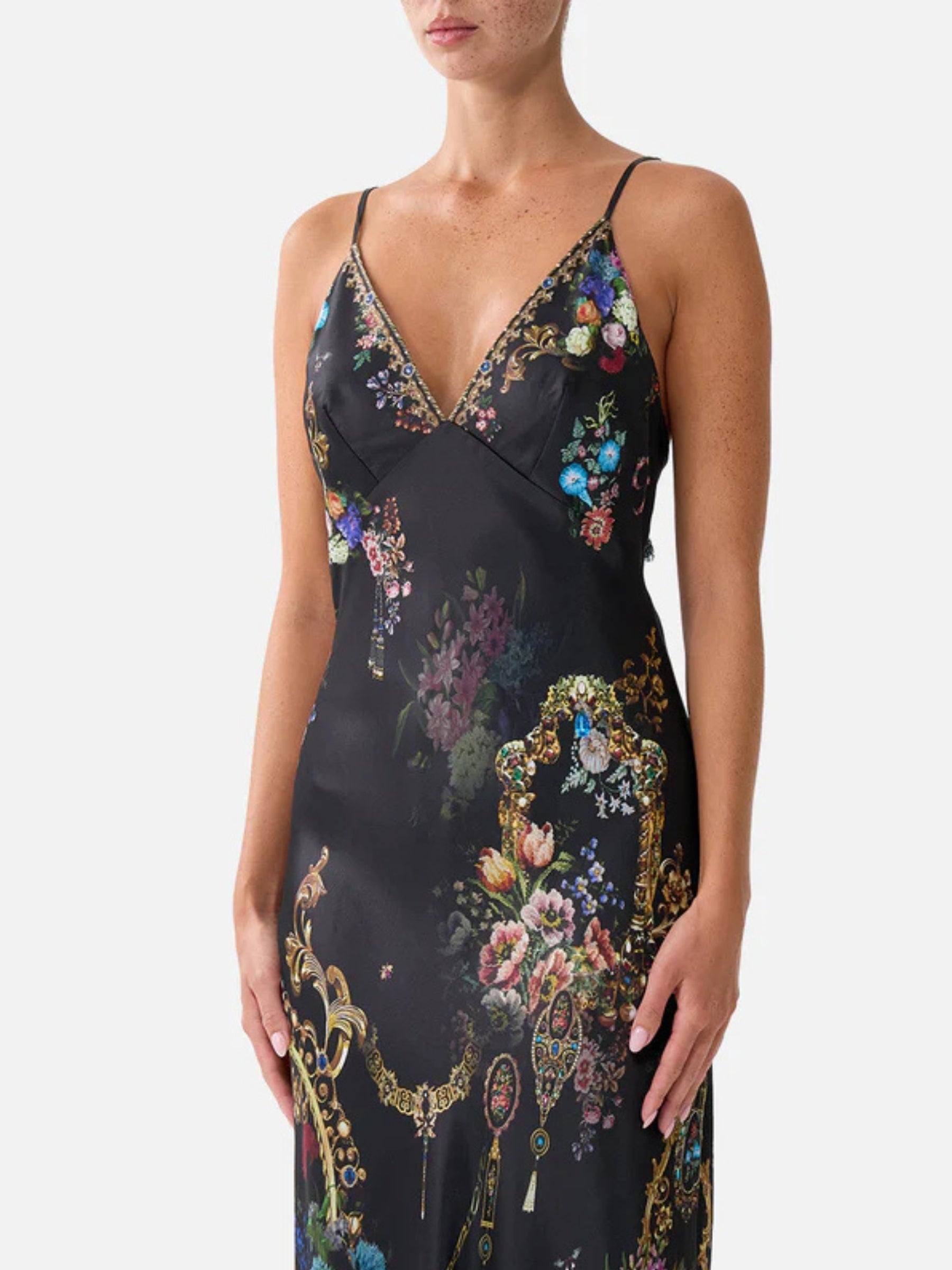 V Neck Slip Dress Flounce Hem - Night Garden