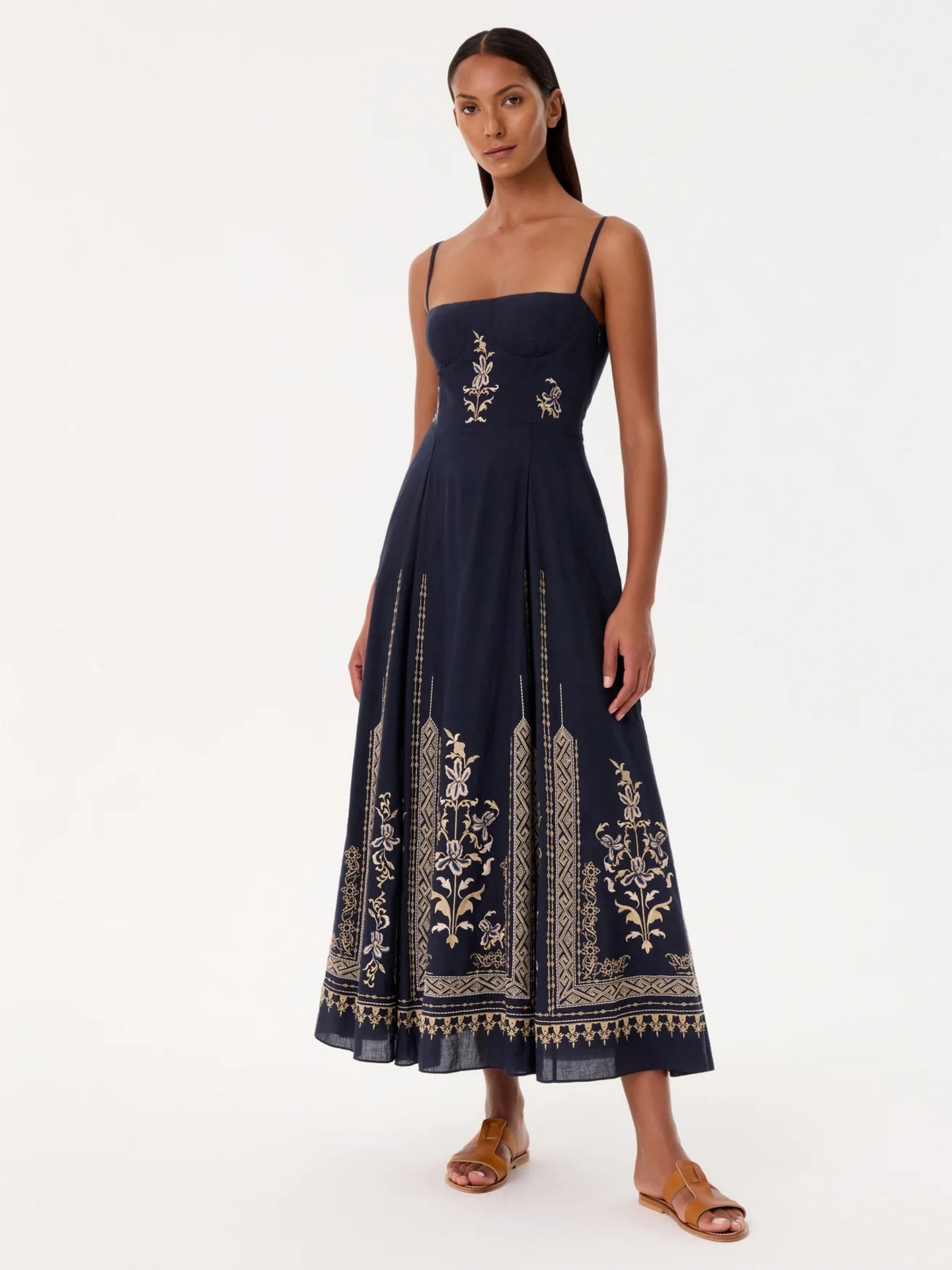 Valya Dress w/ Iris Embroidery - Navy Blue