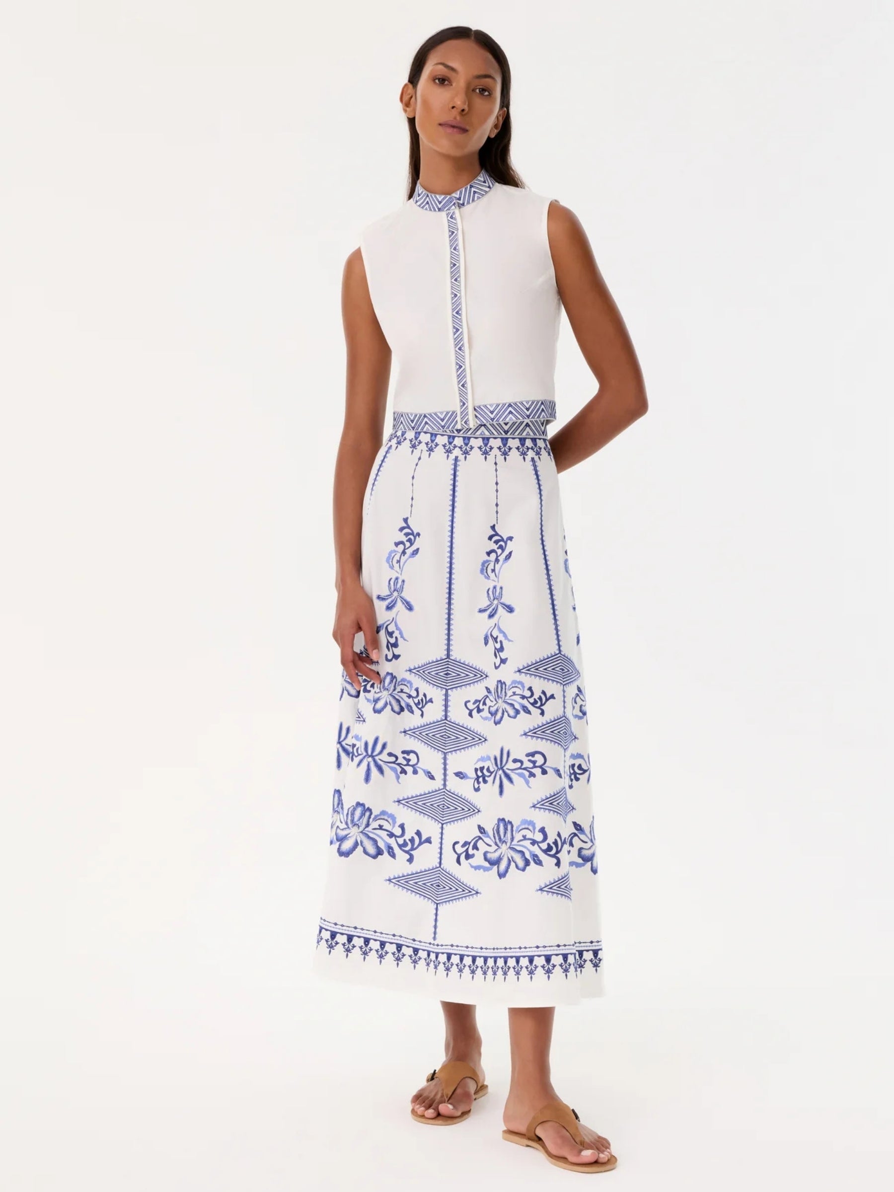 New Camille Skirt w/ Iris Embroidery - White/Blue
