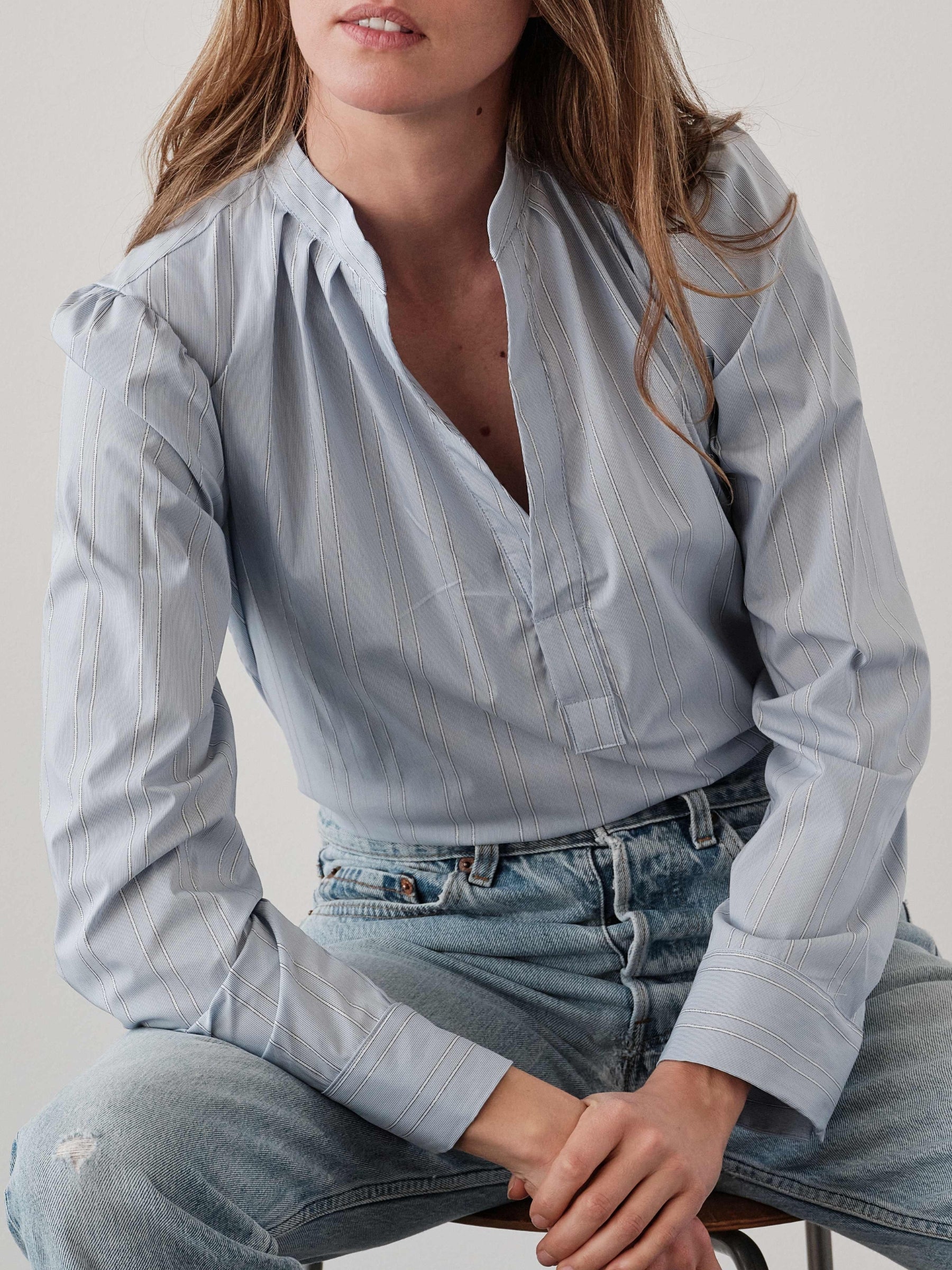 Close-up front view of Cissa The Puff Shirt in Silver Lurex Stripe showing split neckline and gathered shoulders
