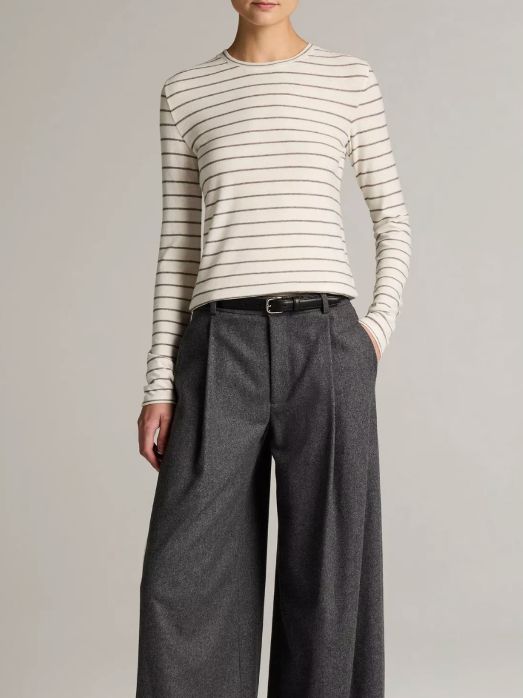 Striped Cotton Long-Sleeve T-Shirt - Off White Combo by Vince — view 1