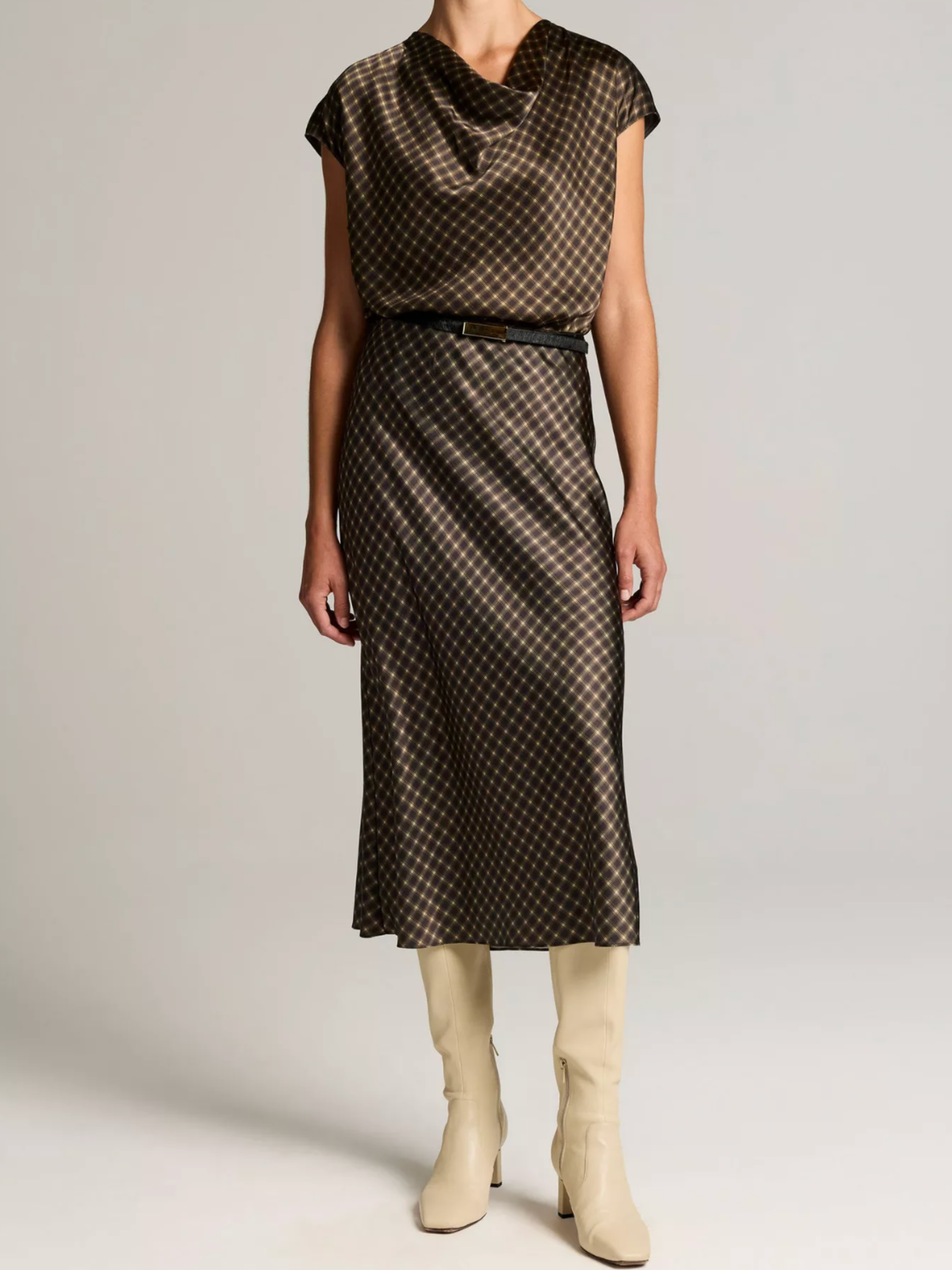 Ombre Plaid Lingerie Trim Satin Slip Skirt - Black/Camel by Vince — view 3