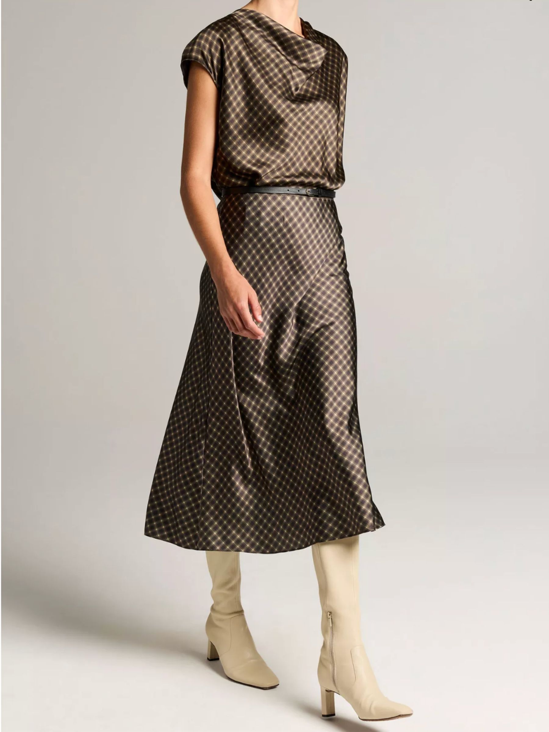 Ombre Plaid Lingerie Trim Satin Slip Skirt - Black/Camel by Vince — view 2