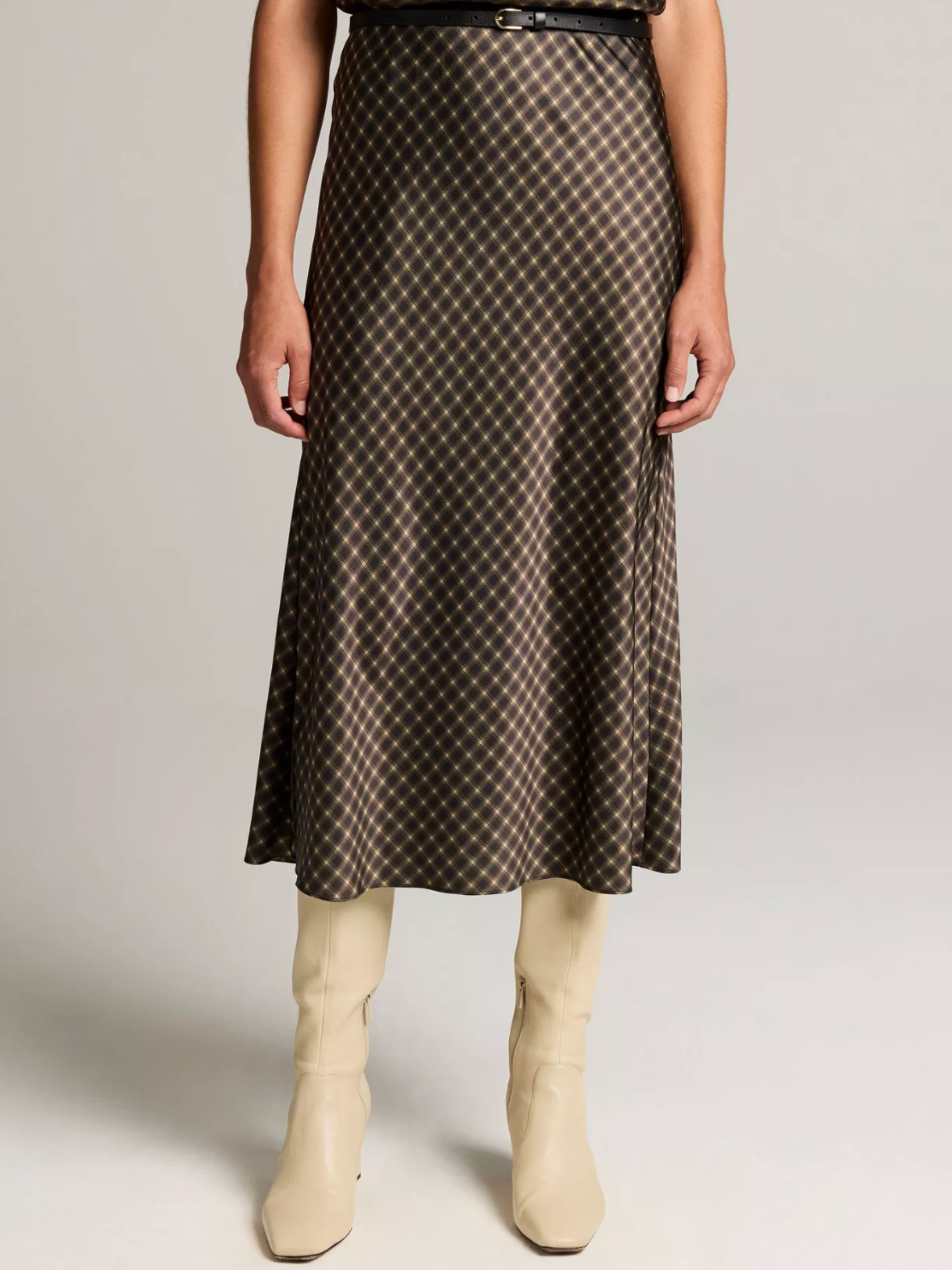 Ombre Plaid Lingerie Trim Satin Slip Skirt - Black/Camel by Vince — view 1