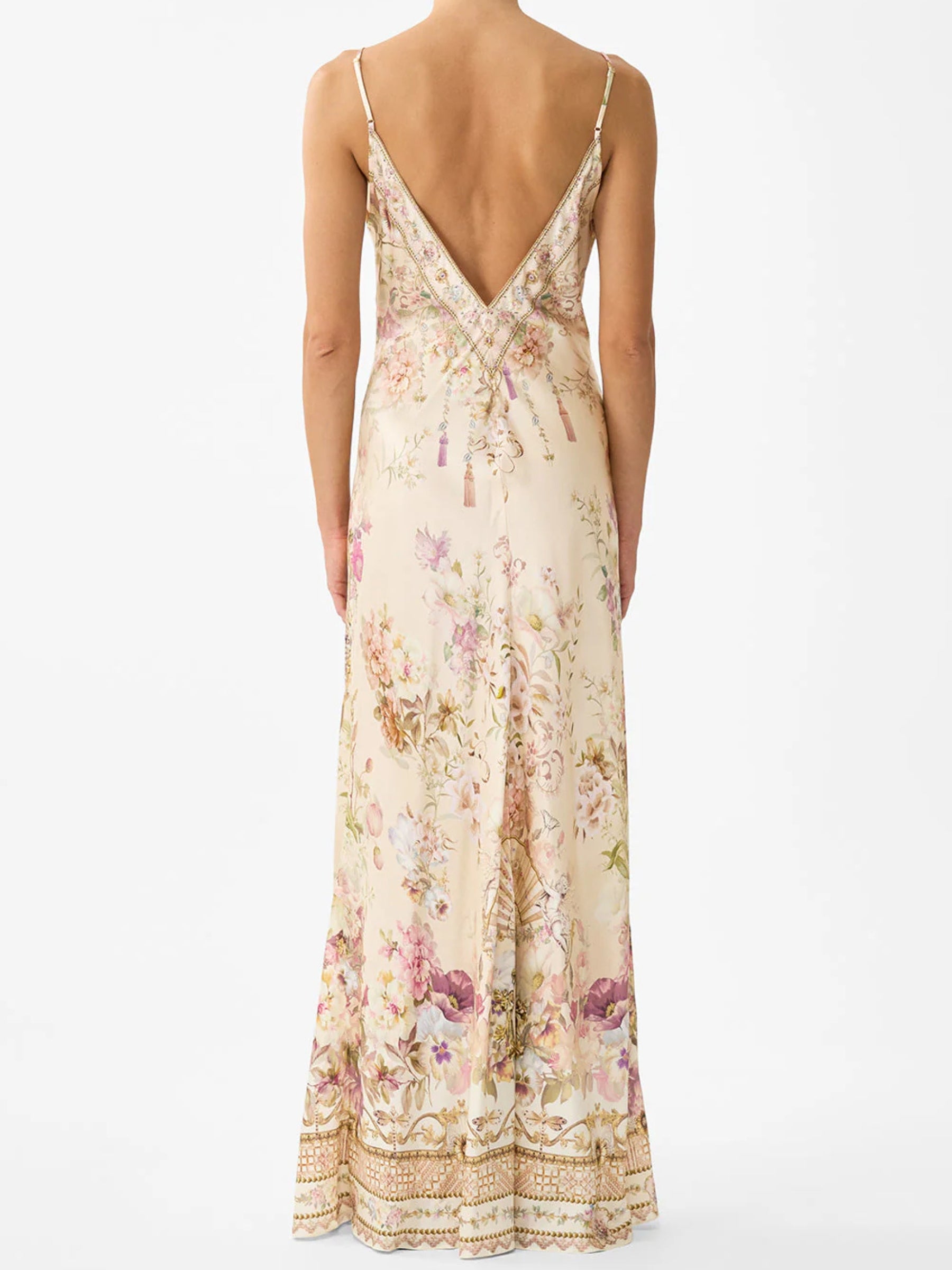 V Neck Full Length Bias Slip Dress - Adorned in Aranjuez by Camilla — view 4