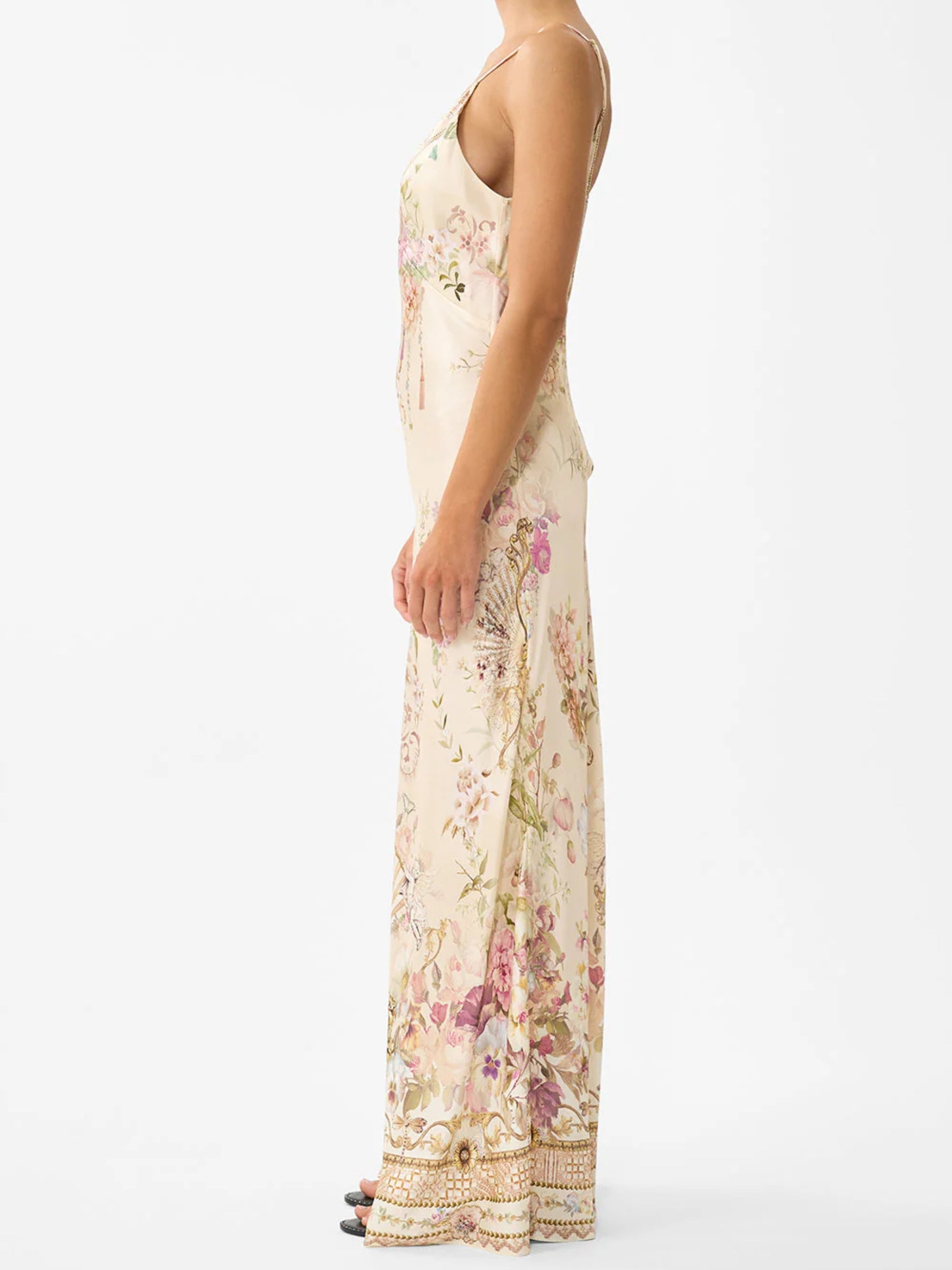 V Neck Full Length Bias Slip Dress - Adorned in Aranjuez by Camilla — view 3