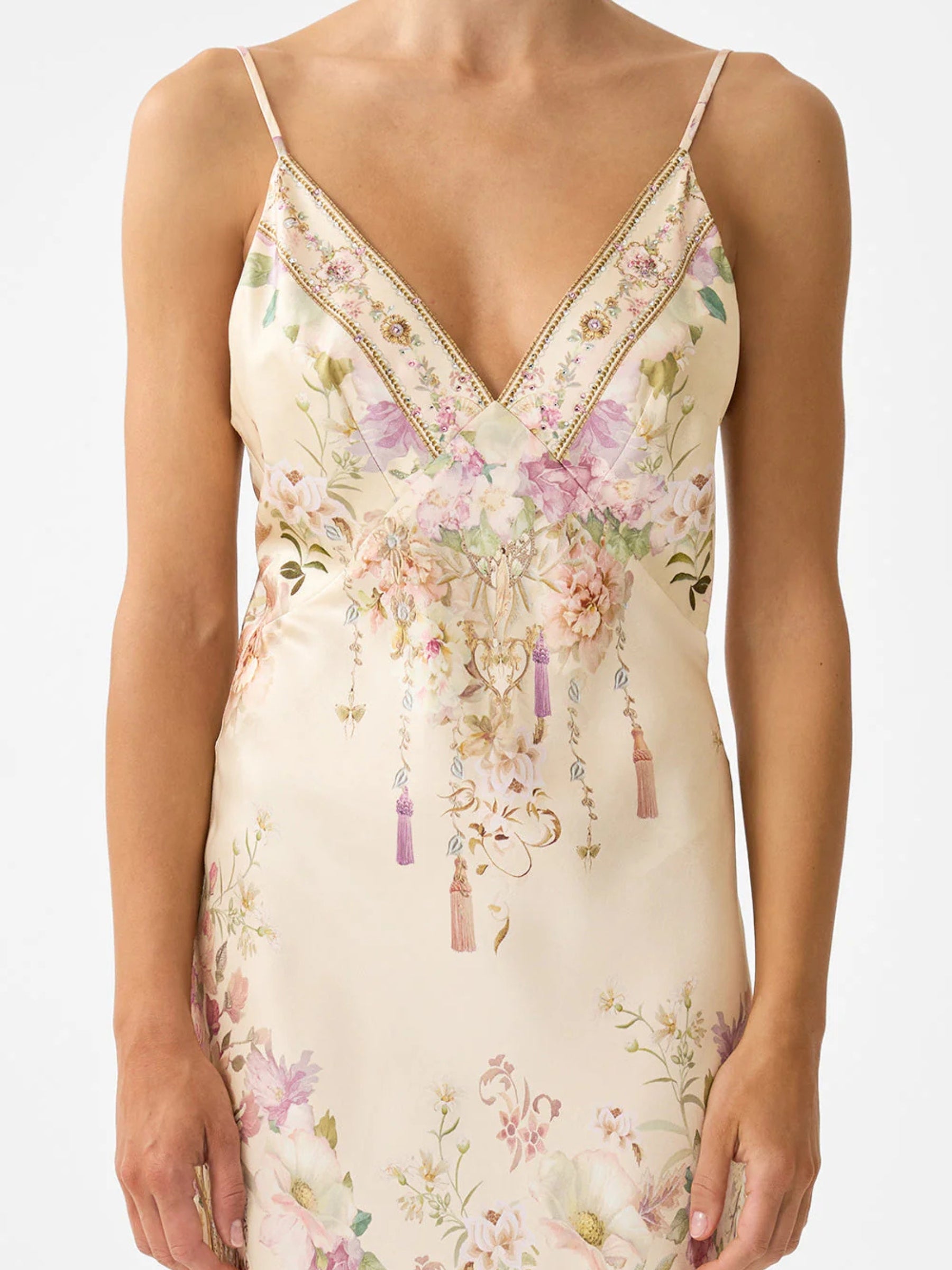 V Neck Full Length Bias Slip Dress - Adorned in Aranjuez by Camilla — view 6