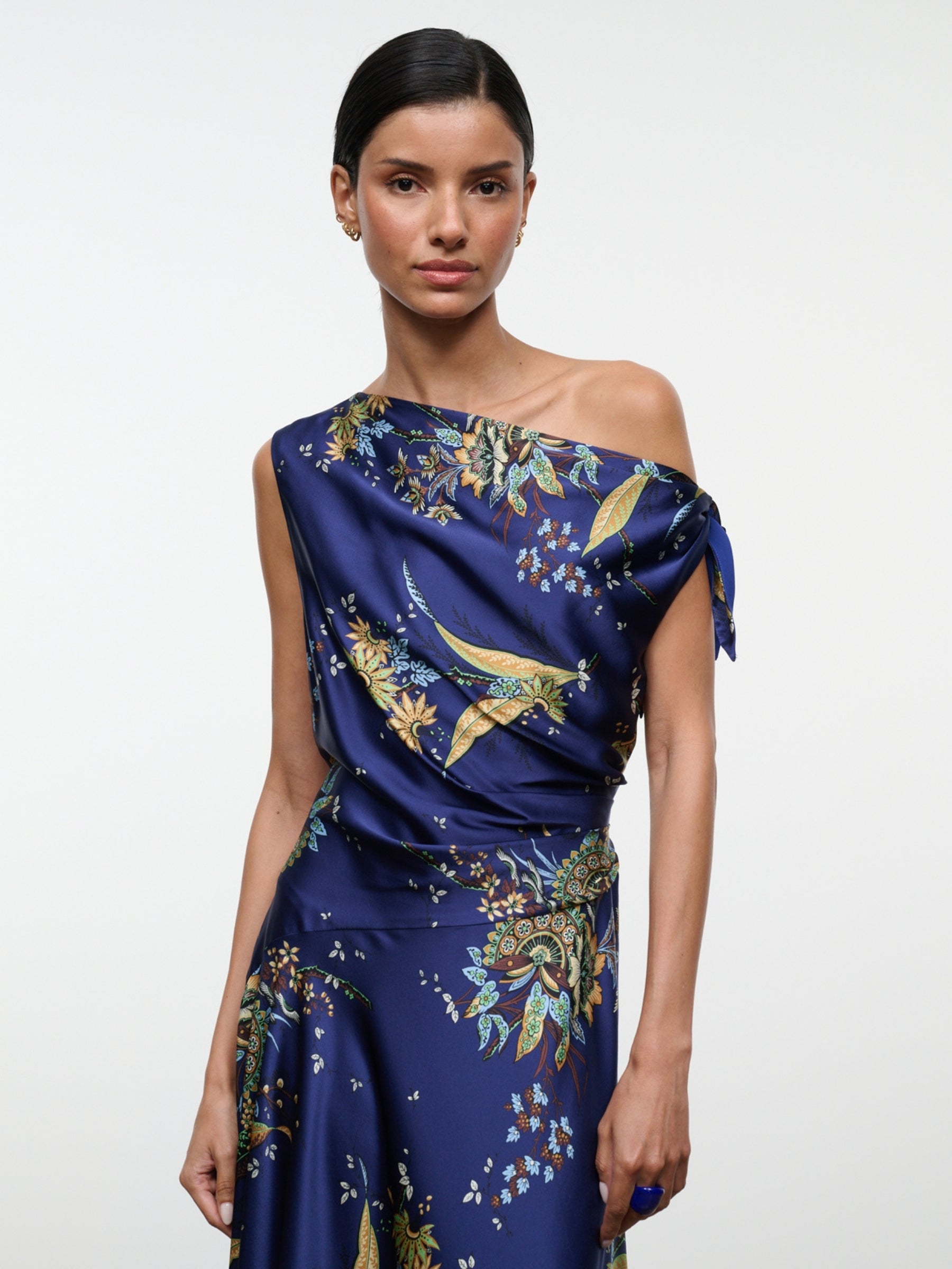 Staud Portia Silk Dress in Tapestry Midnight, bodice detail